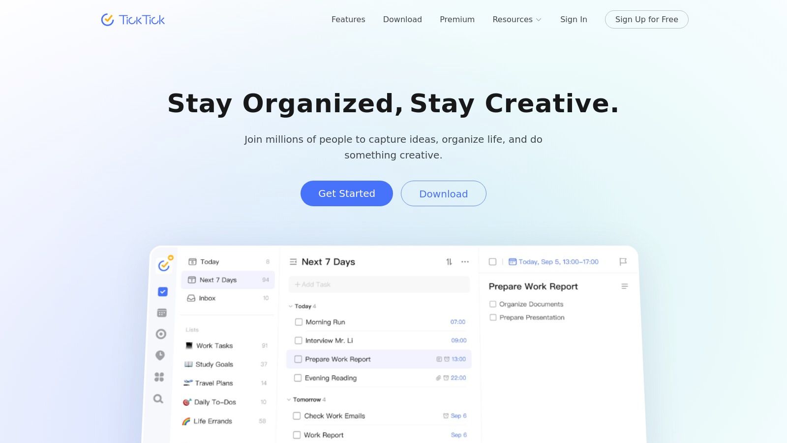 TickTick's productivity app interface showing tasks and habits integrated together.