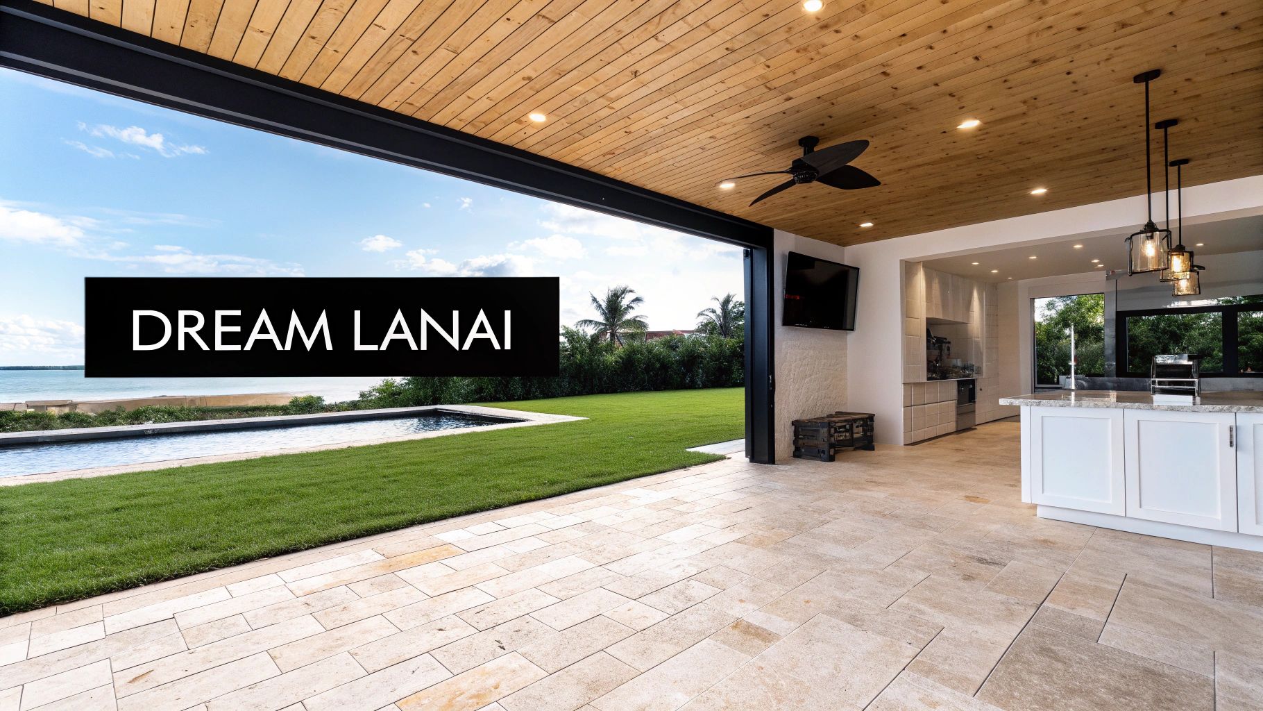 A luxurious modern lanai with a large patio, pool, green lawn, and stunning ocean view.