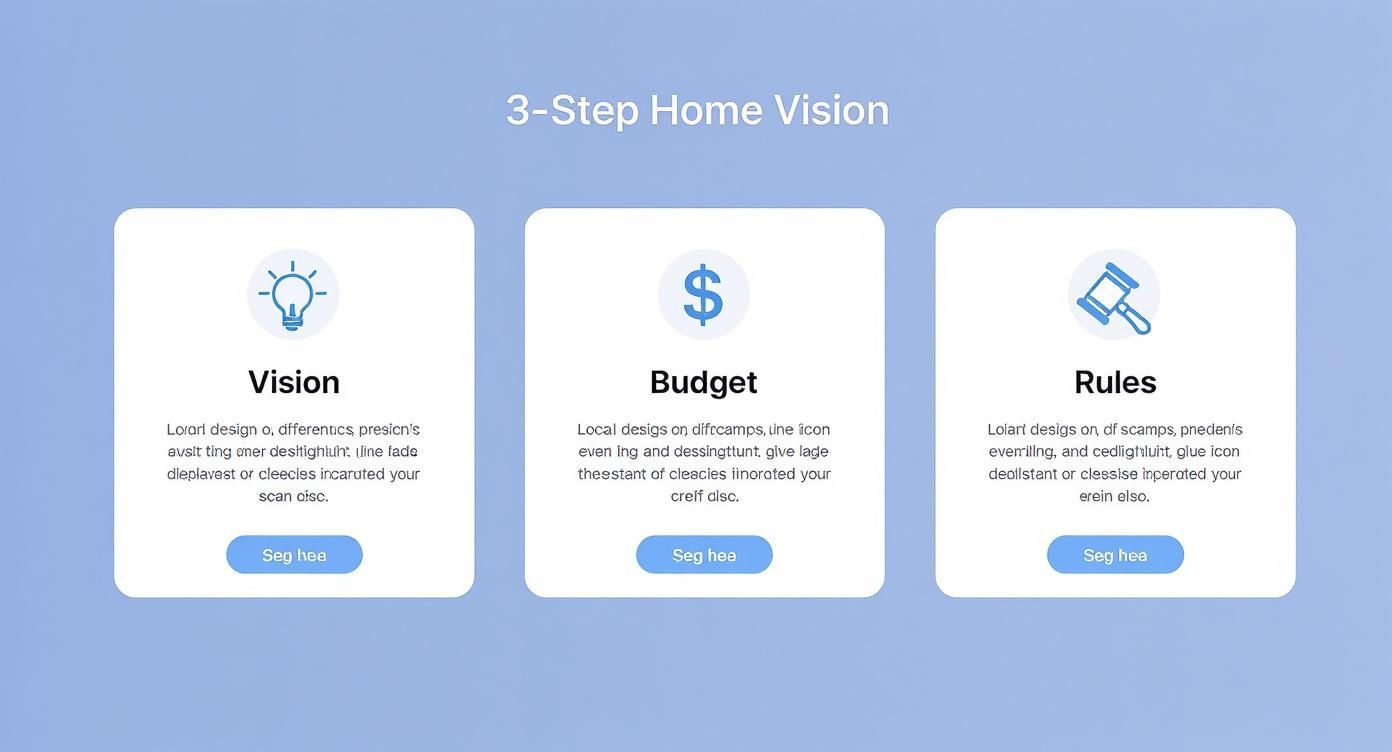A 3-step home vision plan featuring cards for 'Vision', 'Budget', and 'Rules' on a blue background.