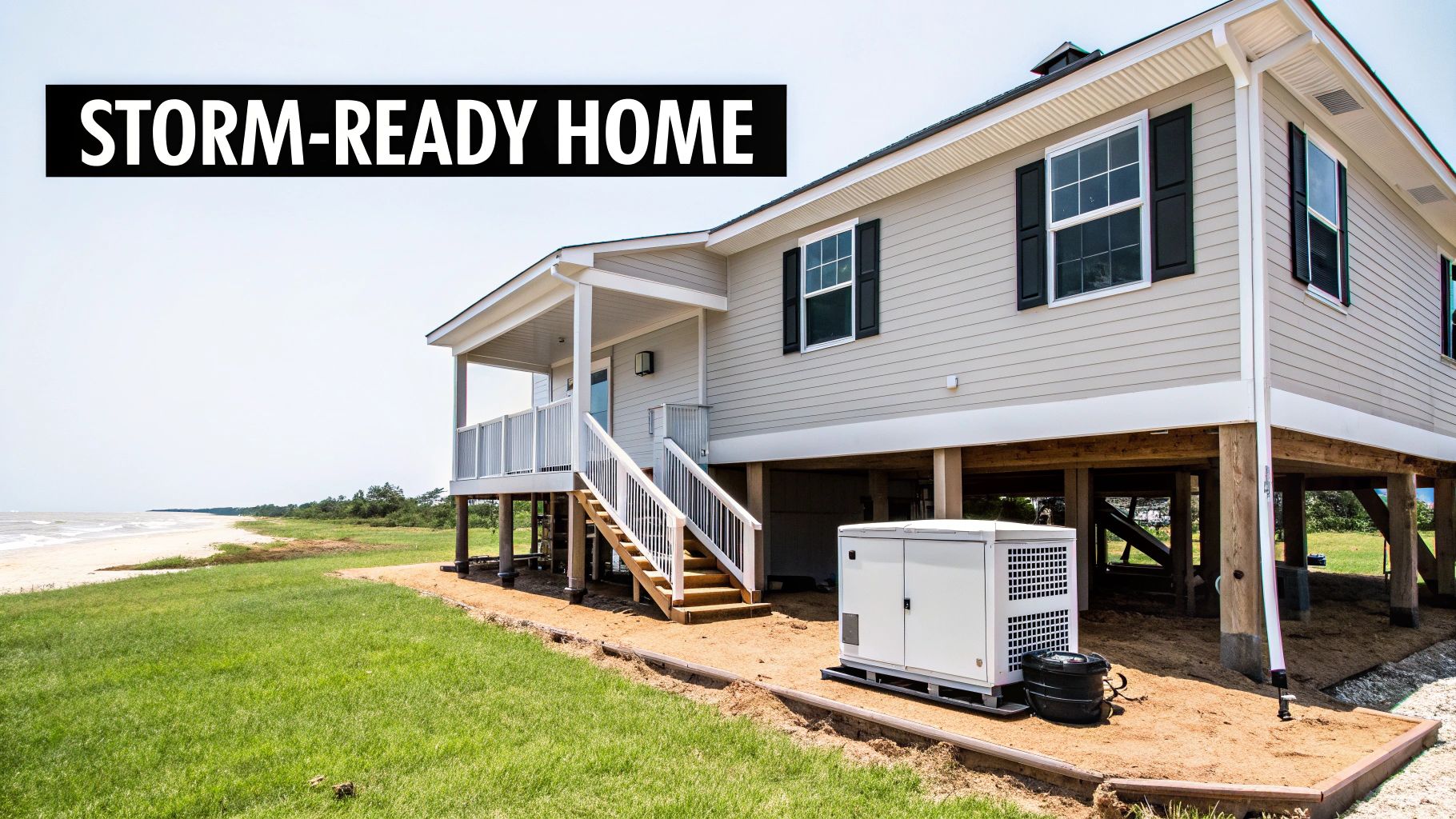 A storm-ready home on stilts next to a sandy beach, with a visible power generator.
