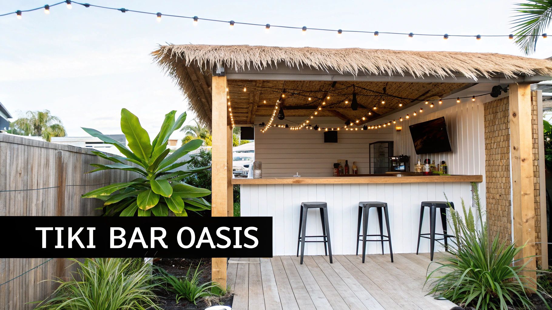 A tropical outdoor tiki bar featuring a thatched roof, wooden deck, string lights, and bar stools.
