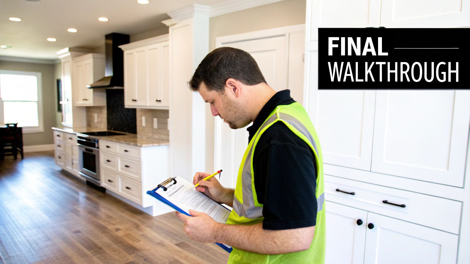 Man in safety vest inspecting a modern kitchen with a clipboard, performing a final walkthrough.