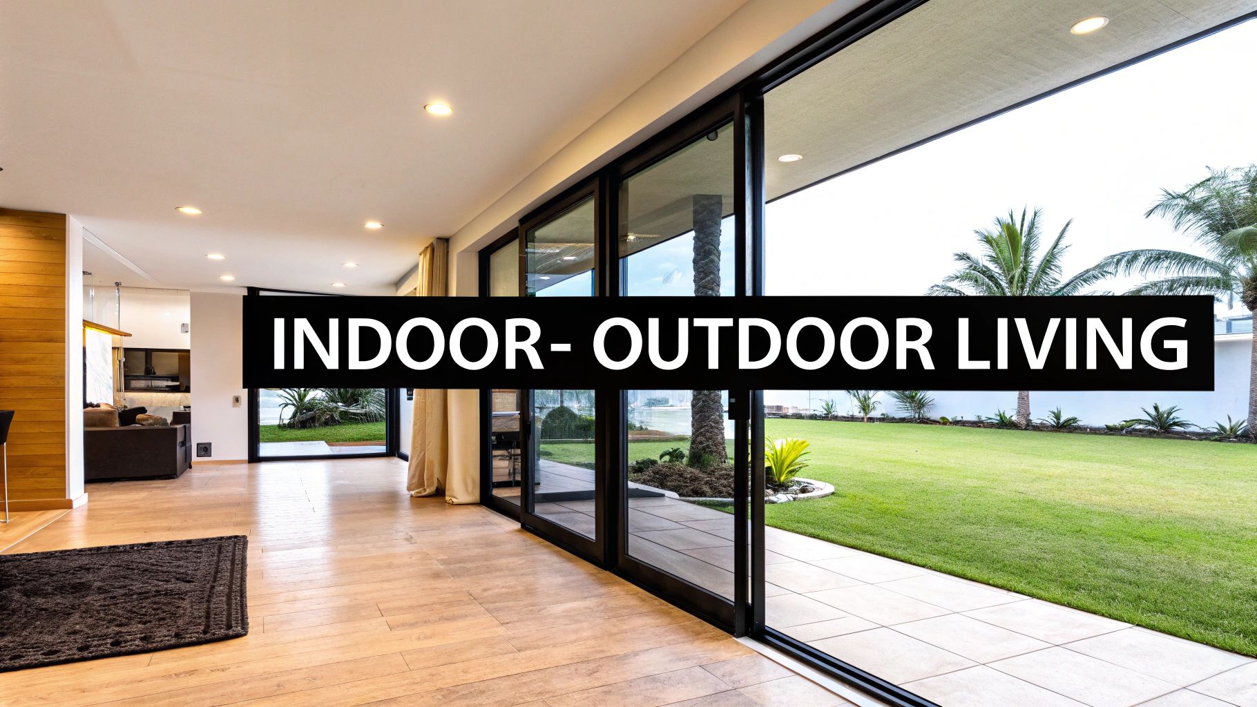 Modern home featuring expansive sliding glass doors connecting a bright indoor space with a lush green outdoor backyard.