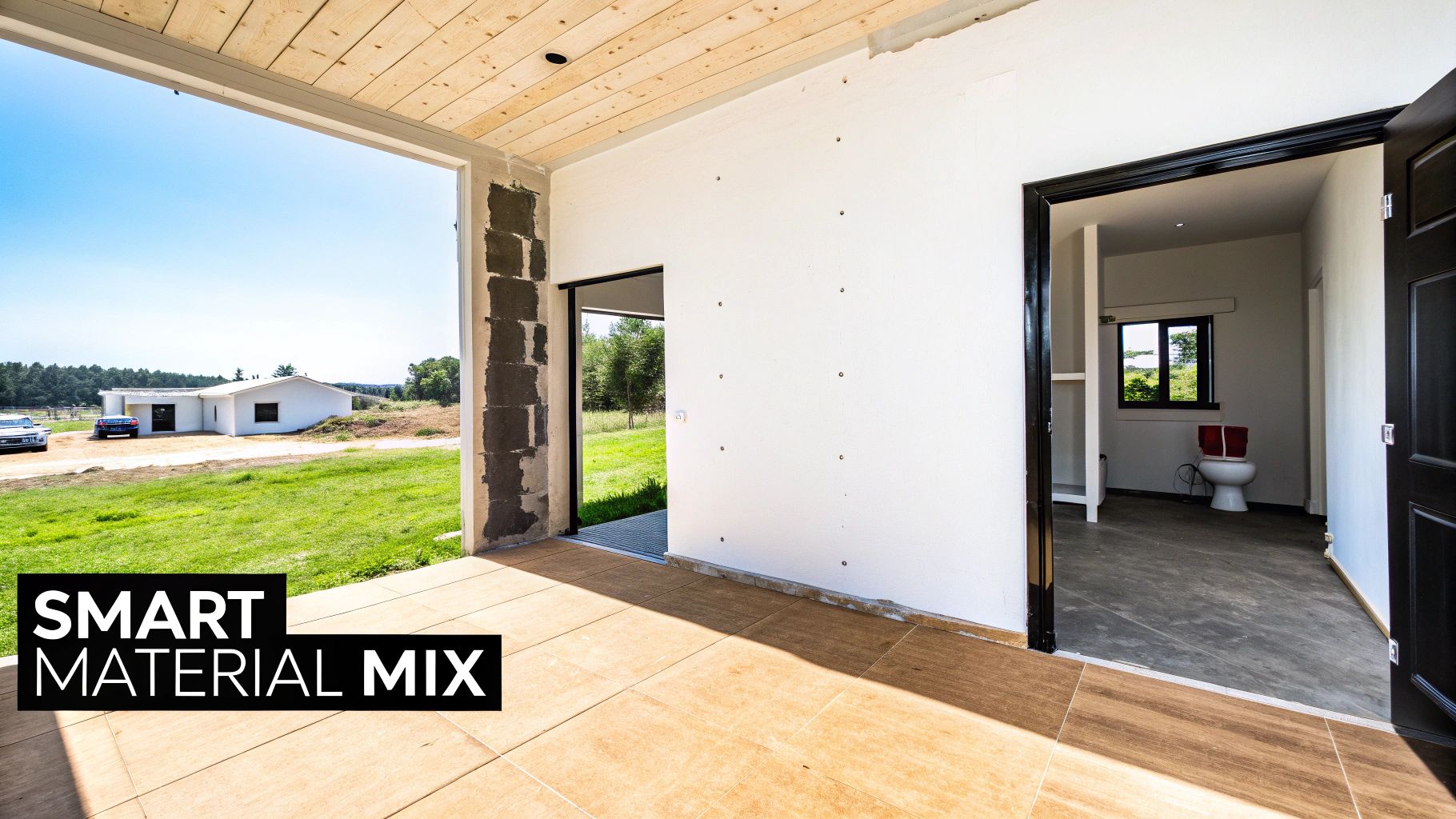 Interior of a modern building under construction, showcasing a mix of wood, tile, and drywall materials.