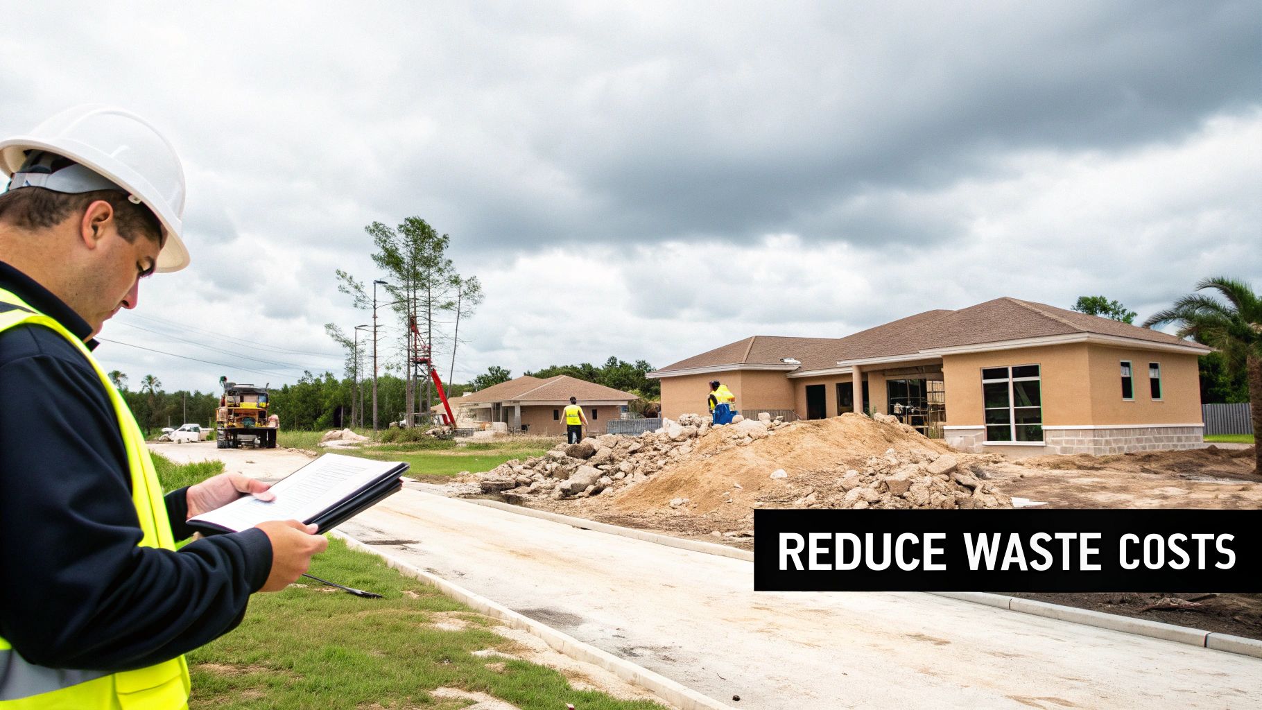 A construction site with sorted piles of debris, showcasing an organized approach to waste management.