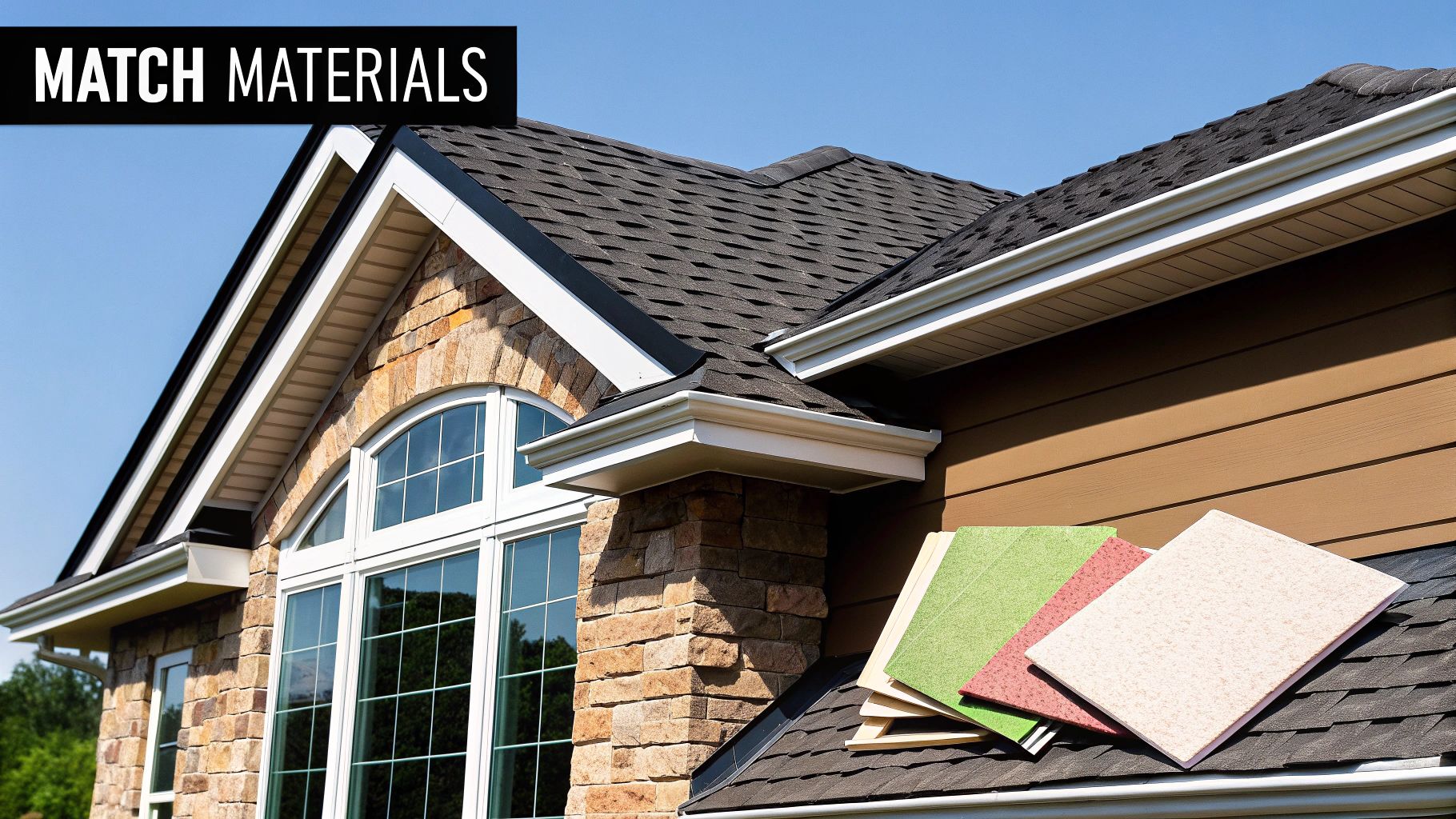 A house exterior showcasing stone, brown siding, and dark roof shingles, with colorful material samples on the roof.