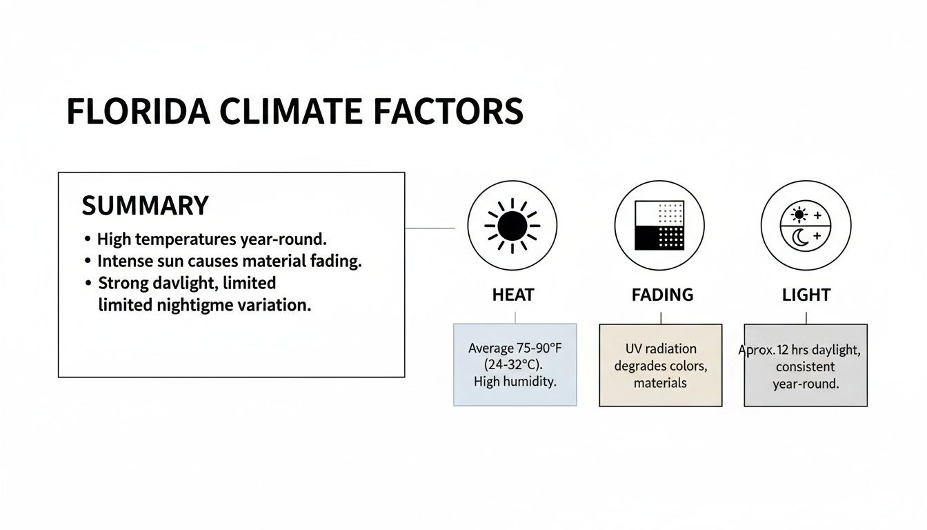 Infographic detailing Florida's climate factors: high temperatures, sun-induced fading, and consistent daylight.