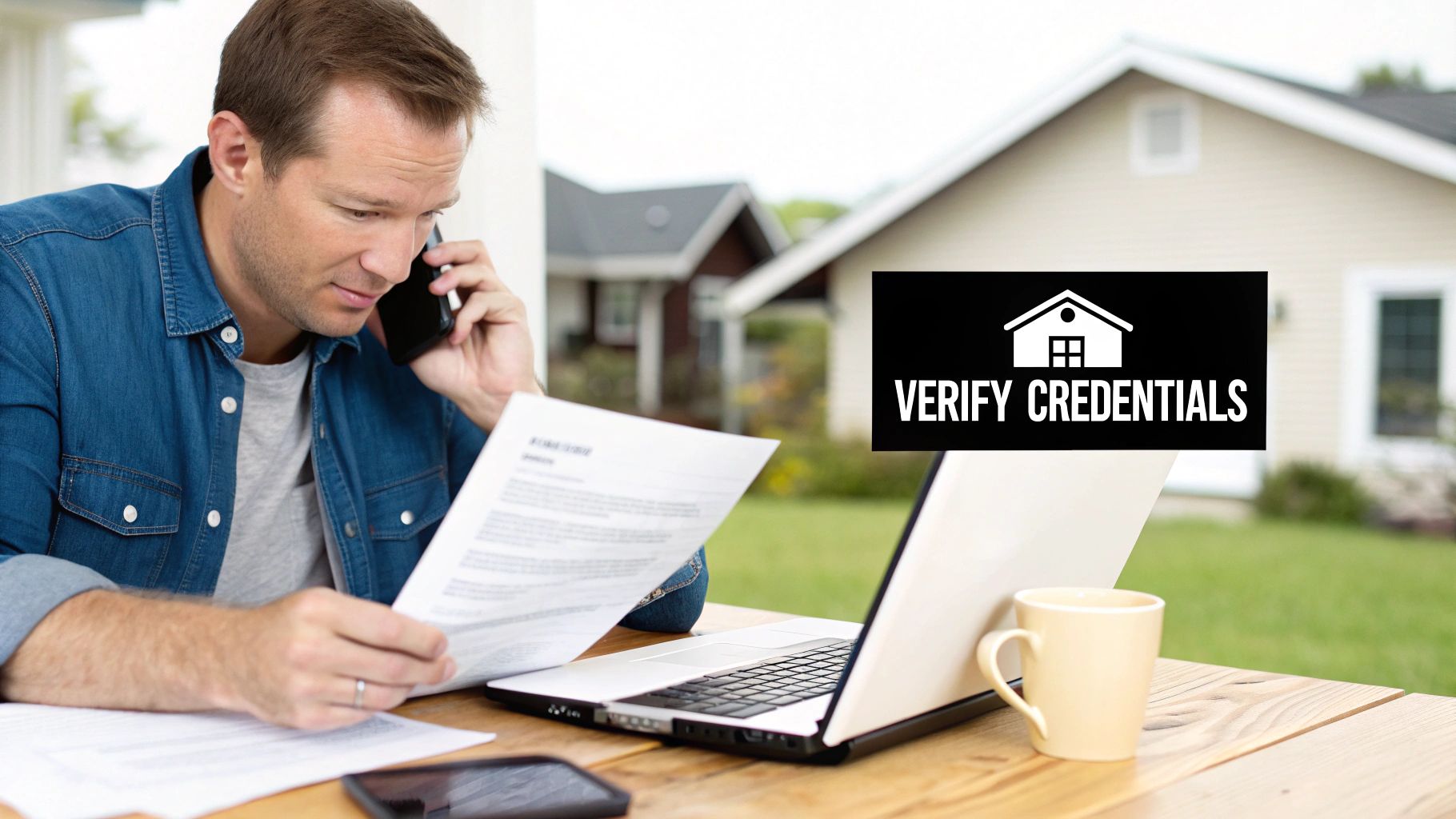 A construction manager reviewing blueprints on a job site with a custom home framed in the background.