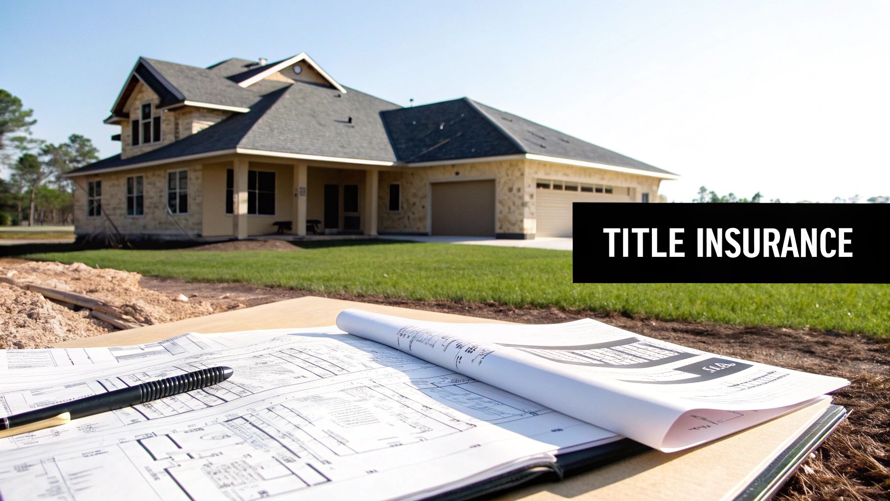 A newly built house with construction blueprints and a pen in the foreground, featuring a 'TITLE INSURANCE' banner.