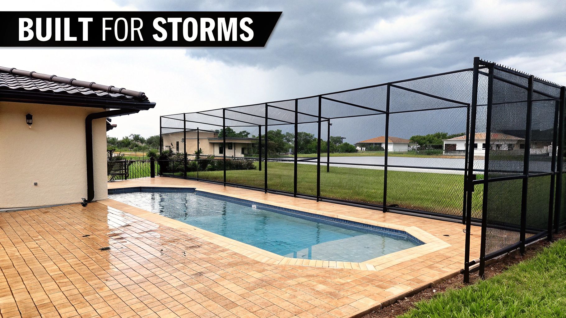A custom pool next to a house, featuring a durable storm-ready screen enclosure under a cloudy sky.