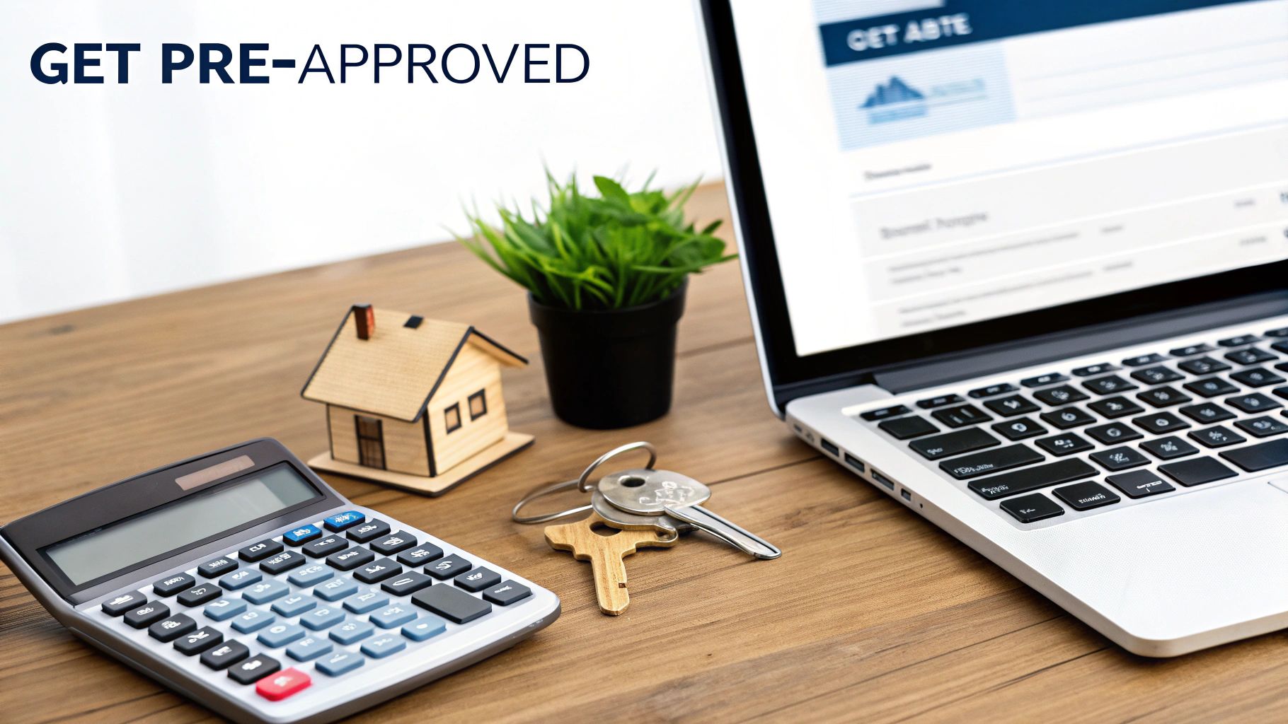 Laptop displaying mortgage pre-approval form with calculator, house model, and keys on desk