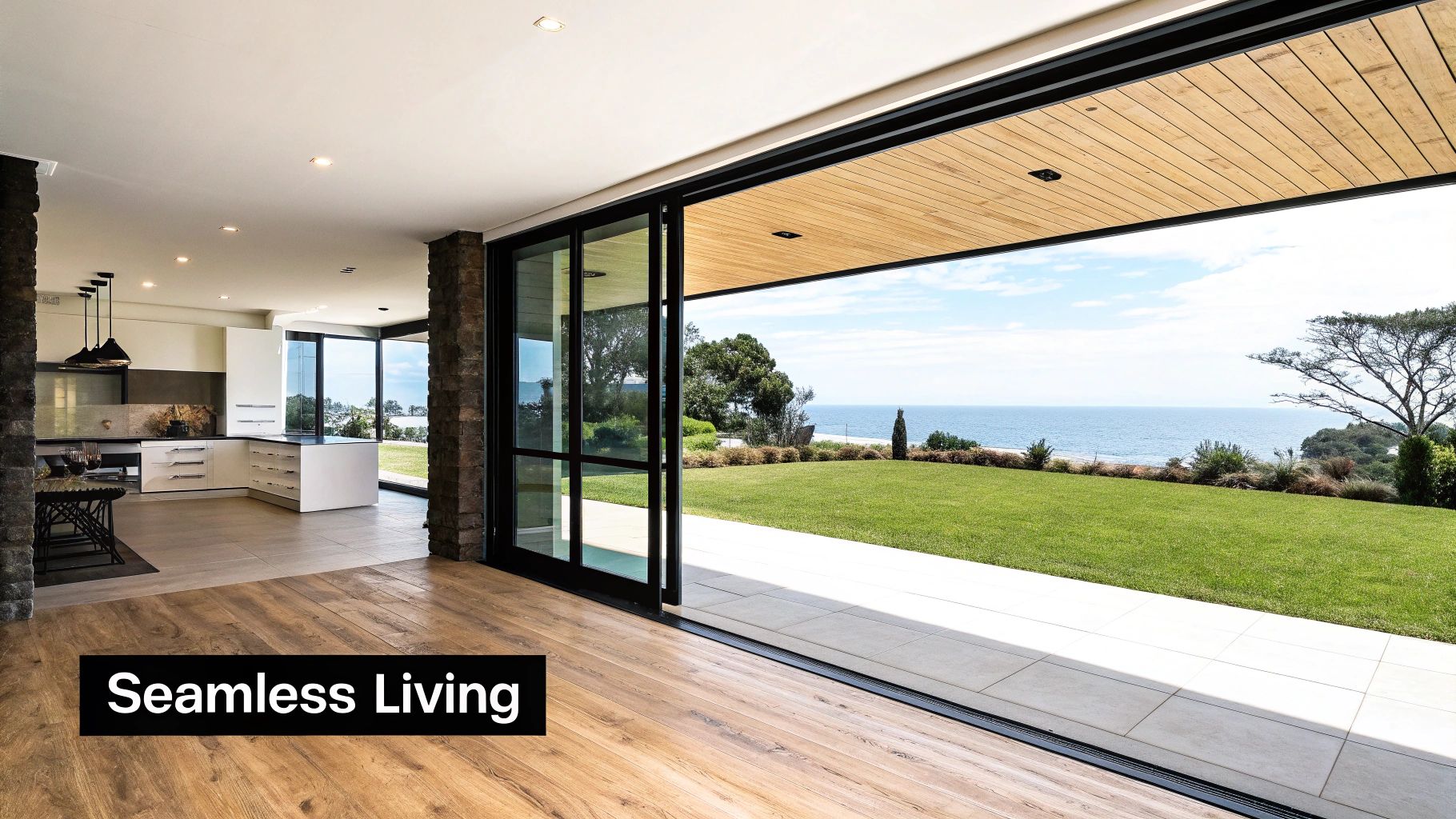 Spacious modern home featuring sliding glass doors opening to a beautiful green lawn and ocean view.