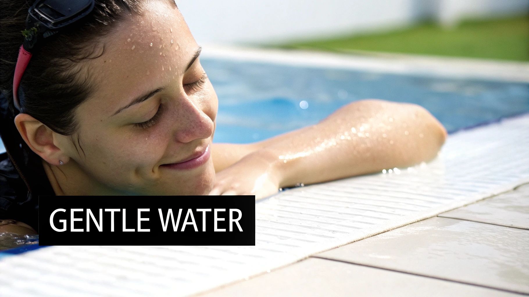 A peaceful woman with water droplets on her skin, smiling while relaxing in a swimming pool.