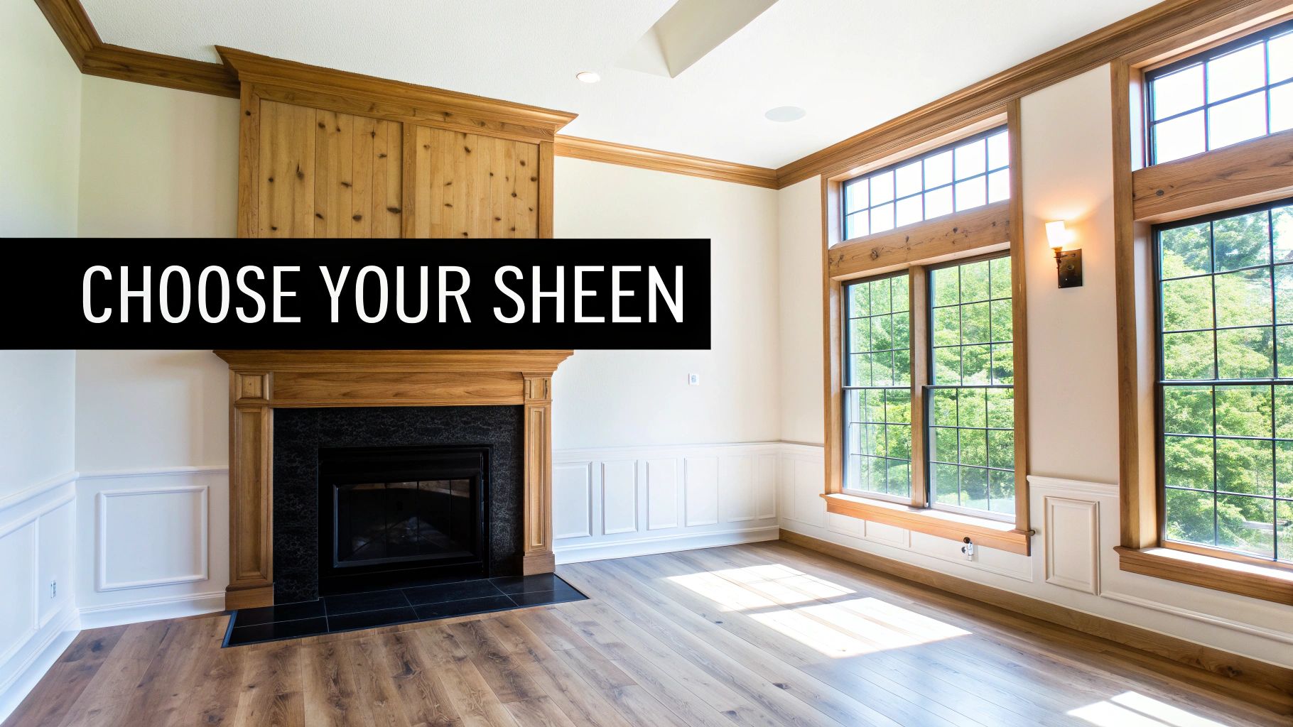 Elegant living room with a fireplace, large windows, wooden trim, and light walls.