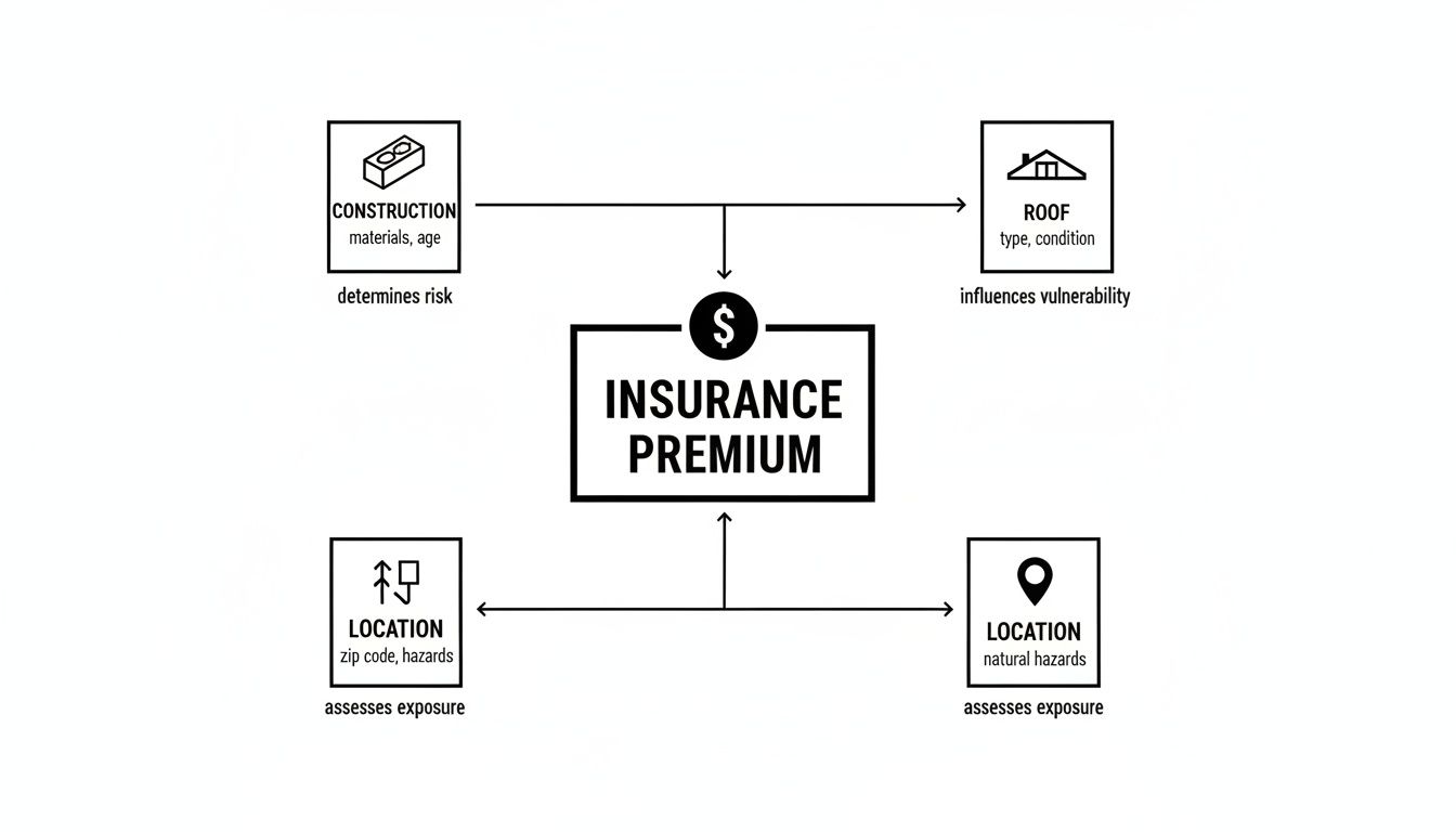 A diagram illustrates how construction, roof type, and location details determine insurance premium.