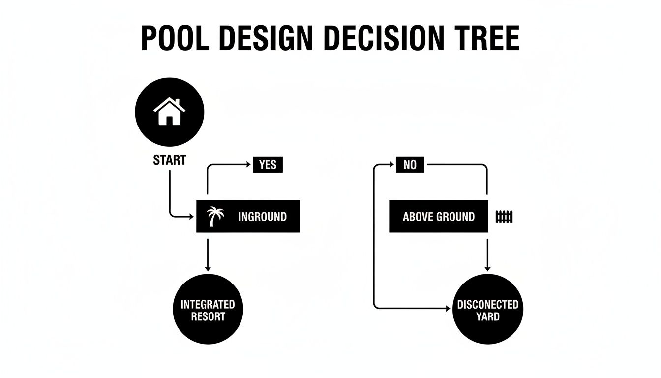 A pool design decision tree showing choices for inground or above-ground pools, leading to resort or yard.