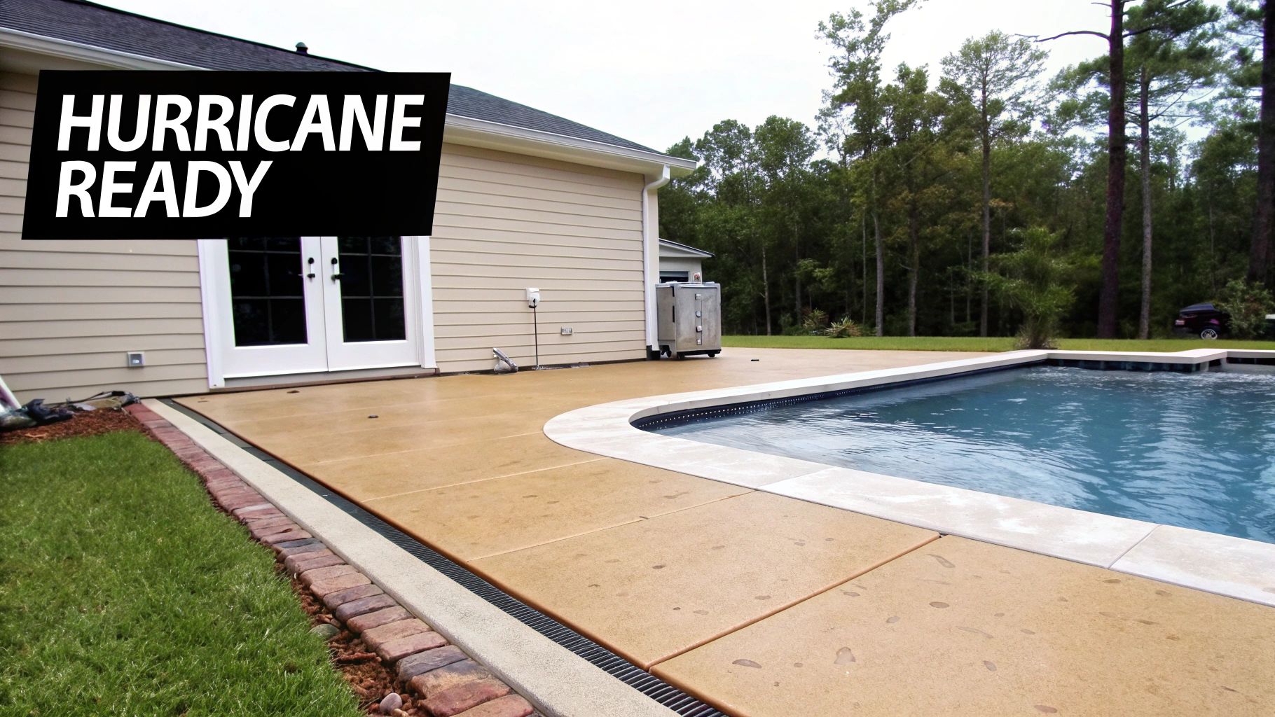 A house with a backyard swimming pool and patio, featuring a prominent 'HURRICANE READY' sign.