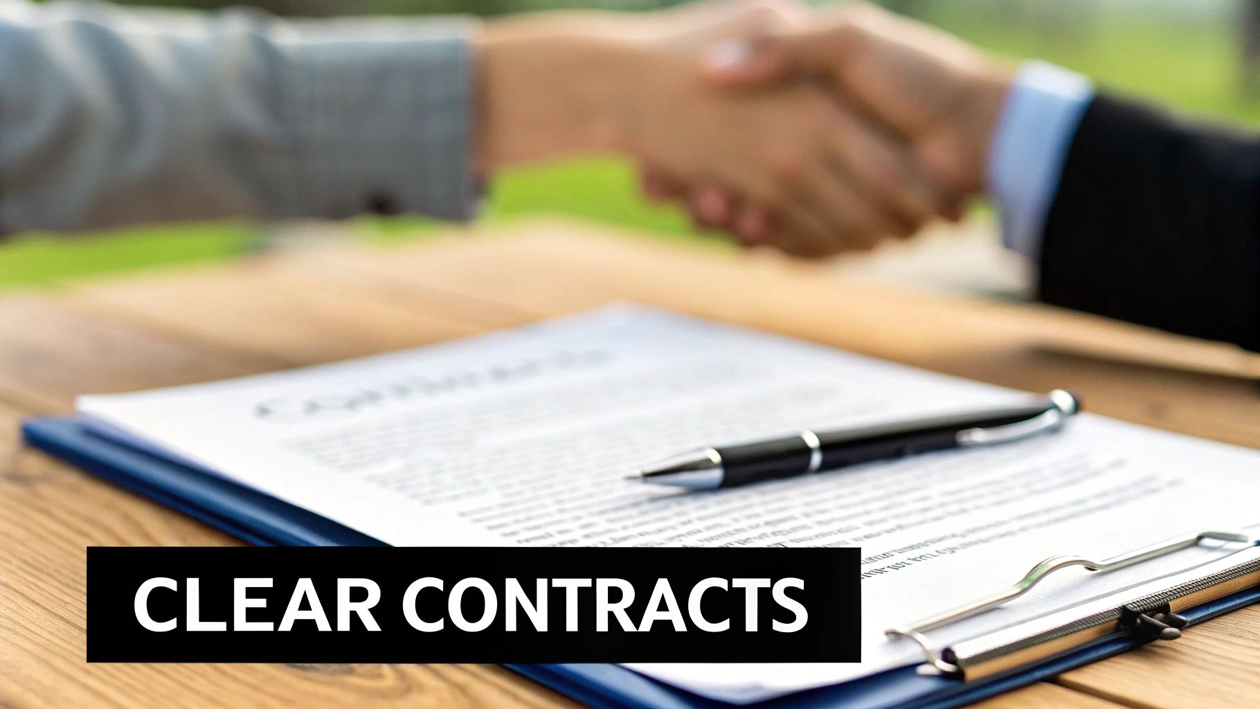 Business professionals shaking hands over a contract document with a pen, emphasizing clear agreements.