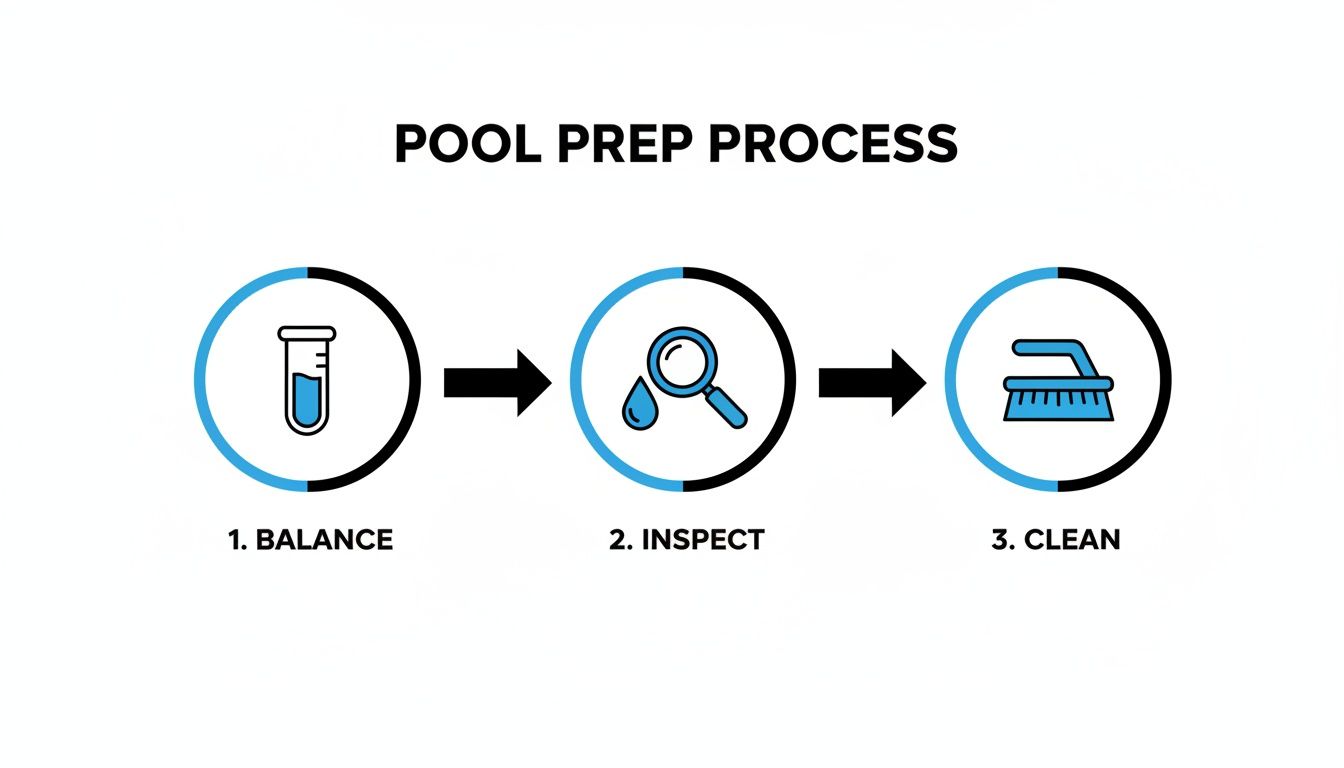An infographic showing the pool preparation process: 1. Balance, 2. Inspect, 3. Clean, with descriptive icons.
