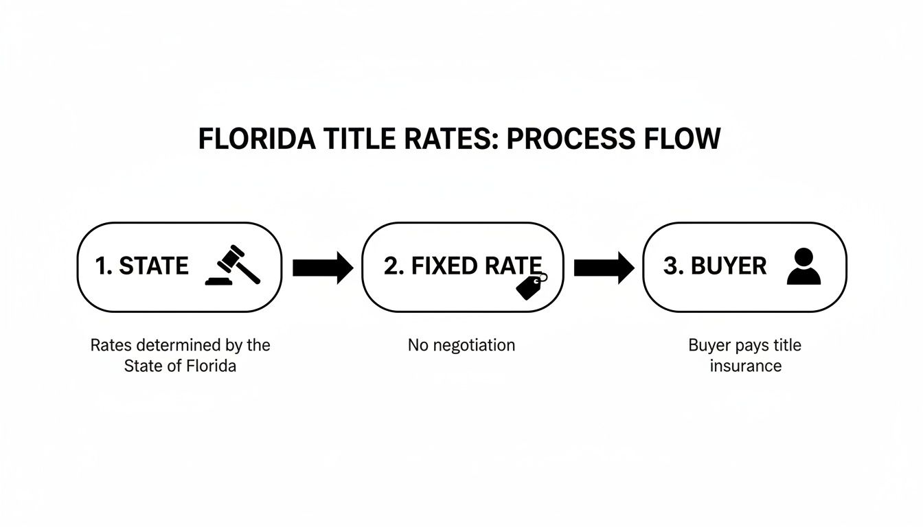 Flowchart explaining Florida title insurance rates: State-determined, fixed, and paid by the buyer.