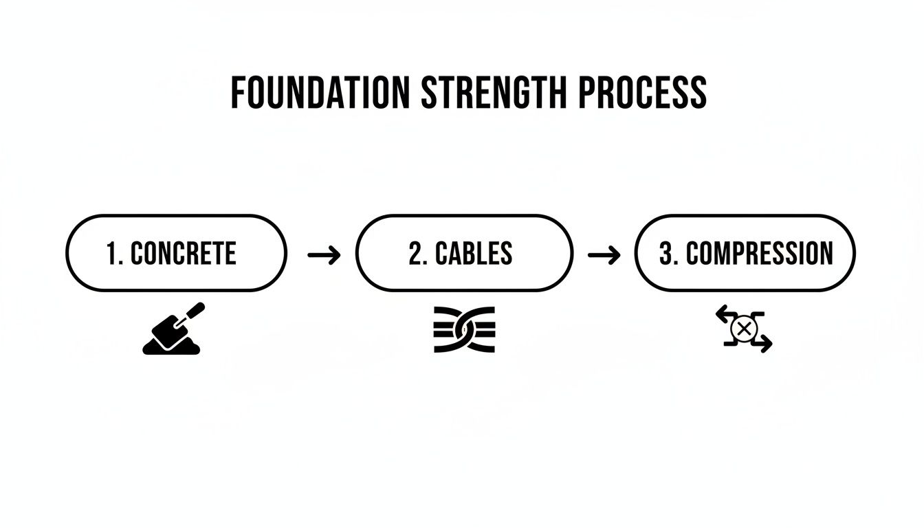 A diagram outlining the foundation strength process: Concrete, Cables, and Compression, with relevant icons.