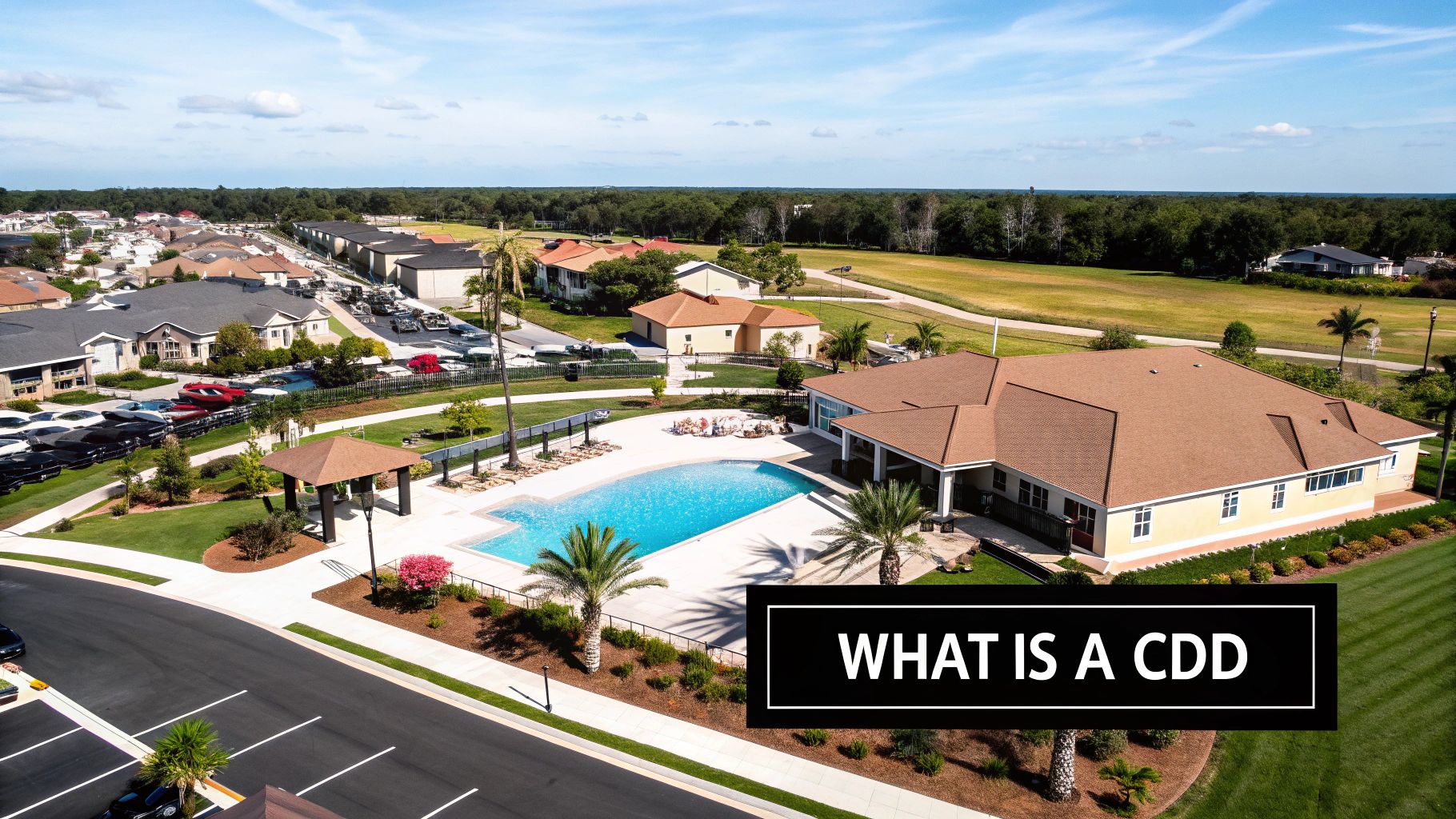 Aerial view of a vibrant residential community featuring houses, a swimming pool, and a clubhouse.