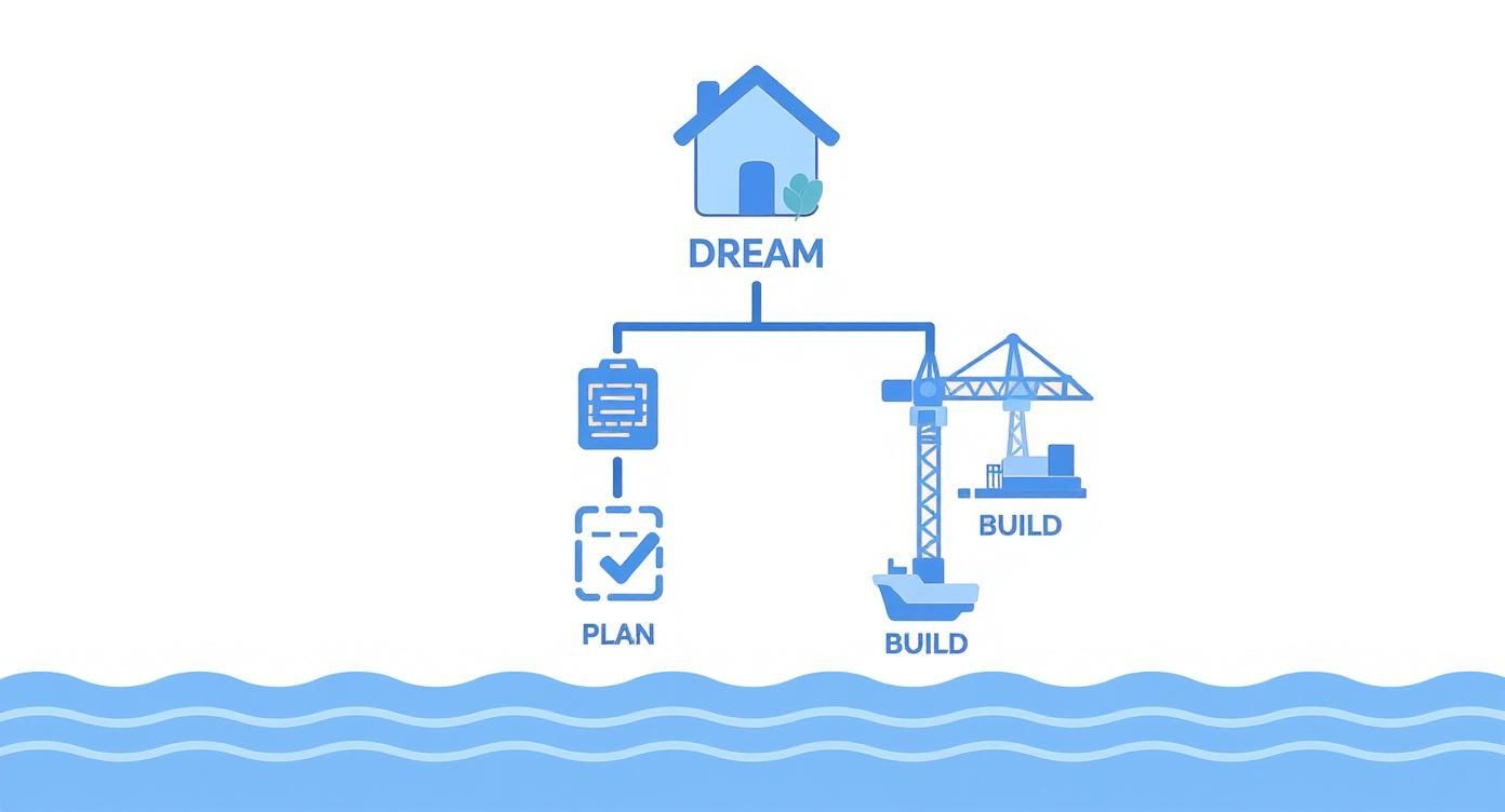 Diagram showing the process of dreaming, planning, and building a house near water.
