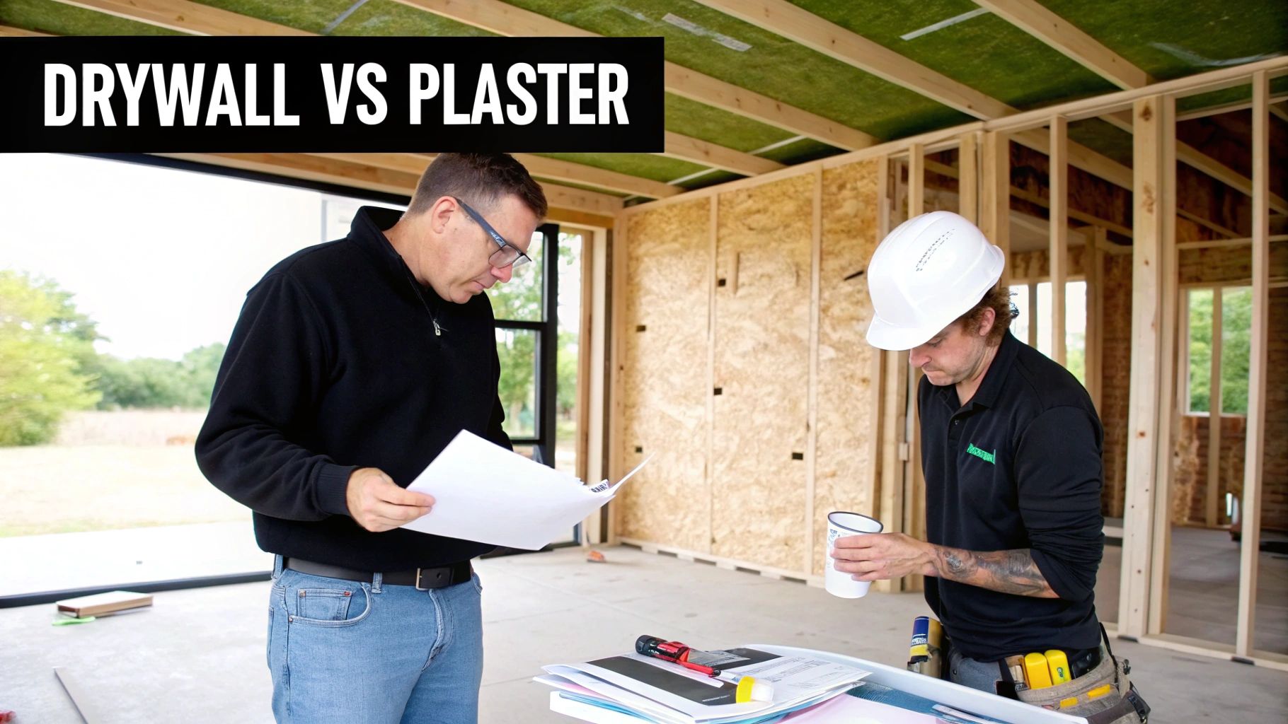 Two construction workers reviewing blueprints at a house framing site with 'Drywall vs Plaster' text.