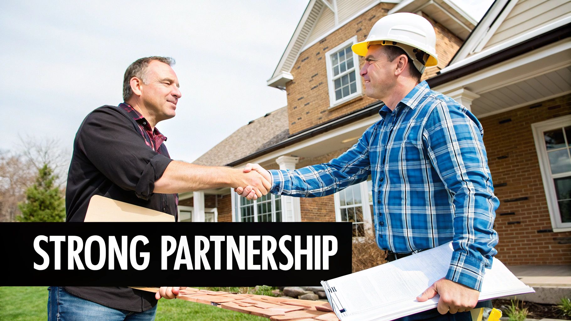 Two men, a contractor and a homeowner, shake hands in front of a house, symbolizing a strong construction partnership.
