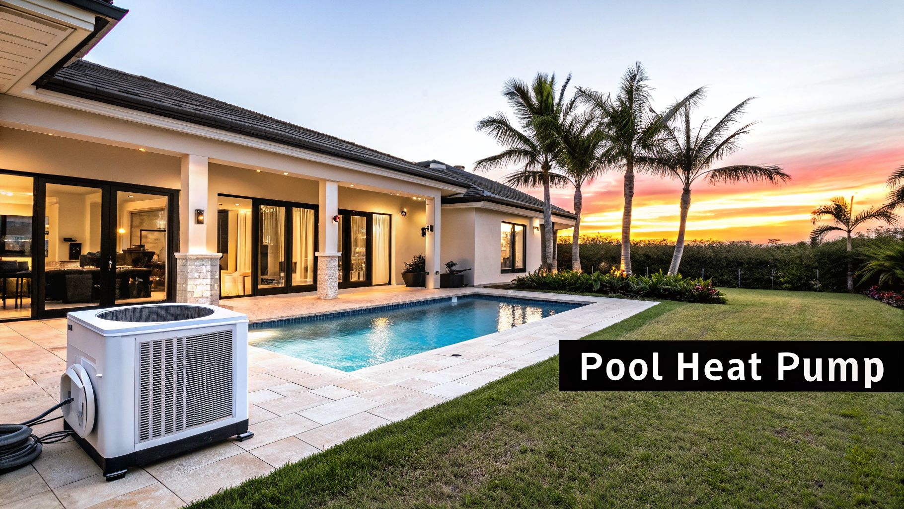 A modern house with a pool, a white heat pump, and palm trees under a sunset sky.