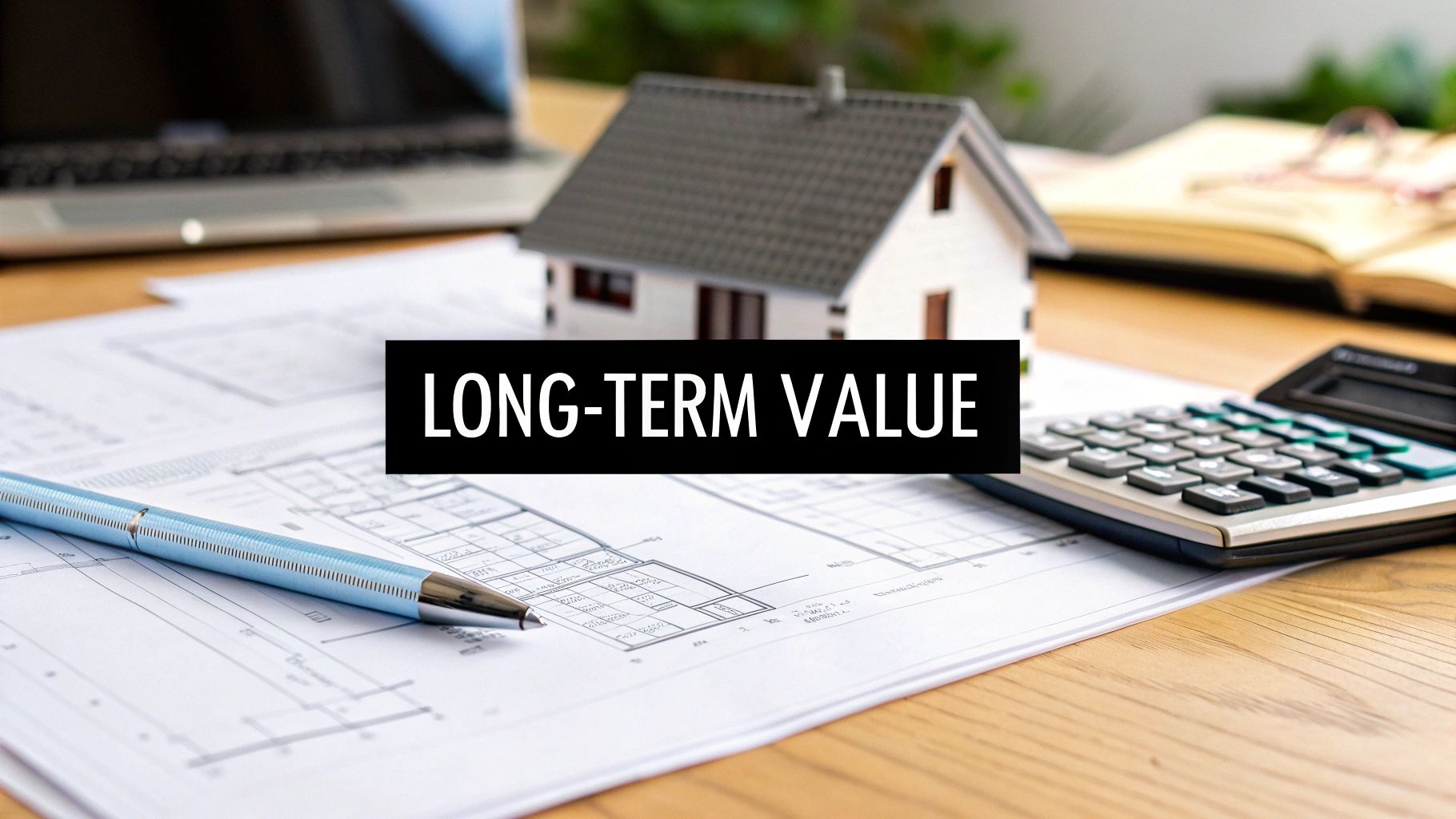 Desk setup with architectural plans, a model house, calculator, and a laptop, displaying 'LONG-TERM VALUE'.