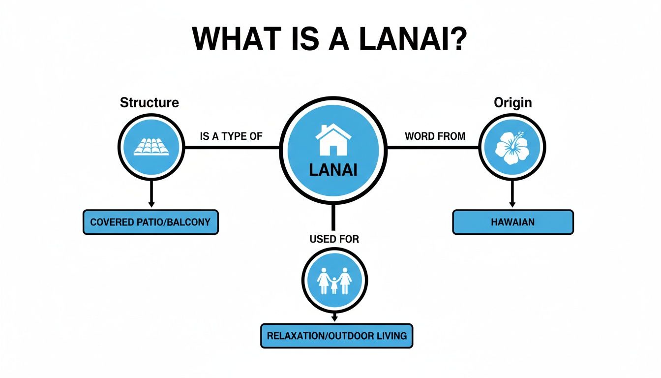 A concept map defines a Lanai as a Hawaiian covered patio or balcony used for relaxation and outdoor living.