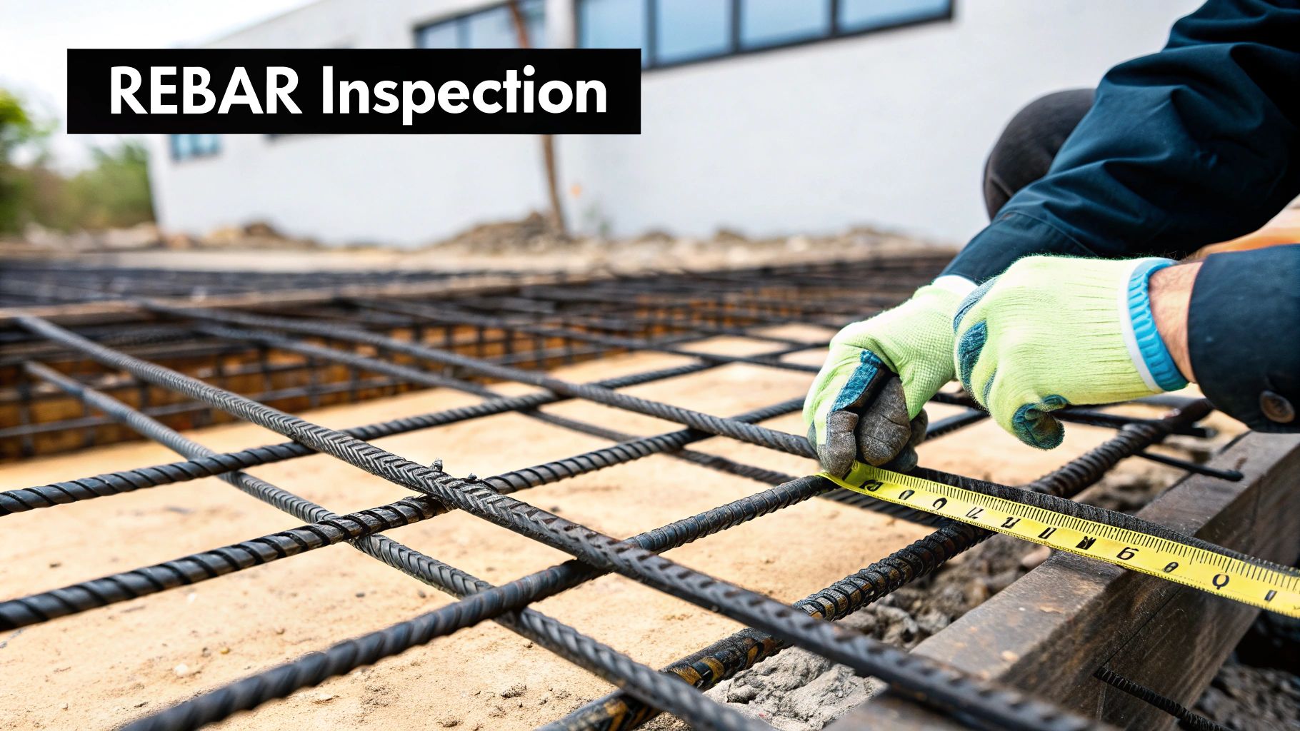 Worker in gloves uses a tape measure to inspect rebar steel mesh on a construction site.