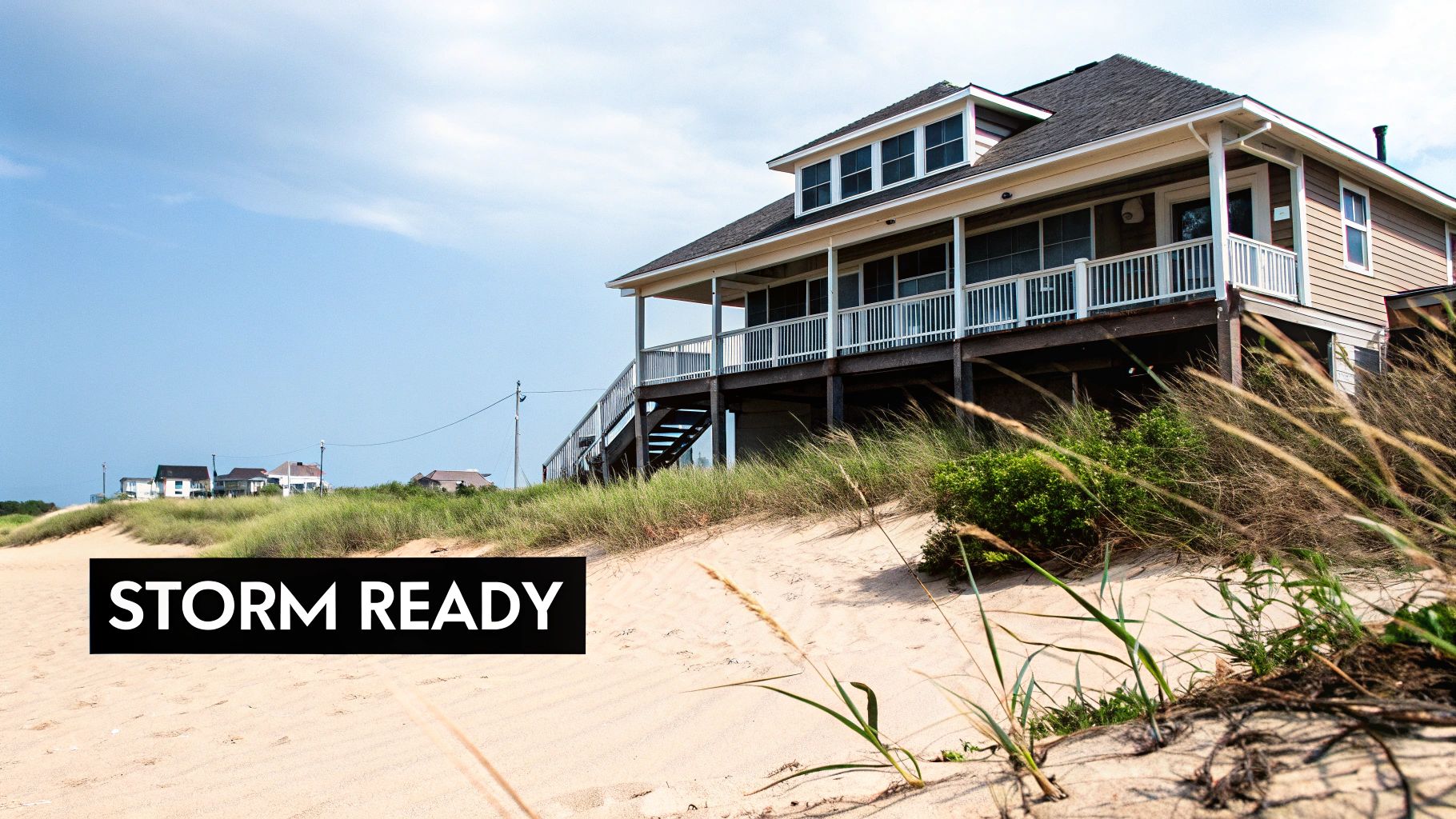 A well-built coastal home in Florida with hurricane shutters and proper elevation.