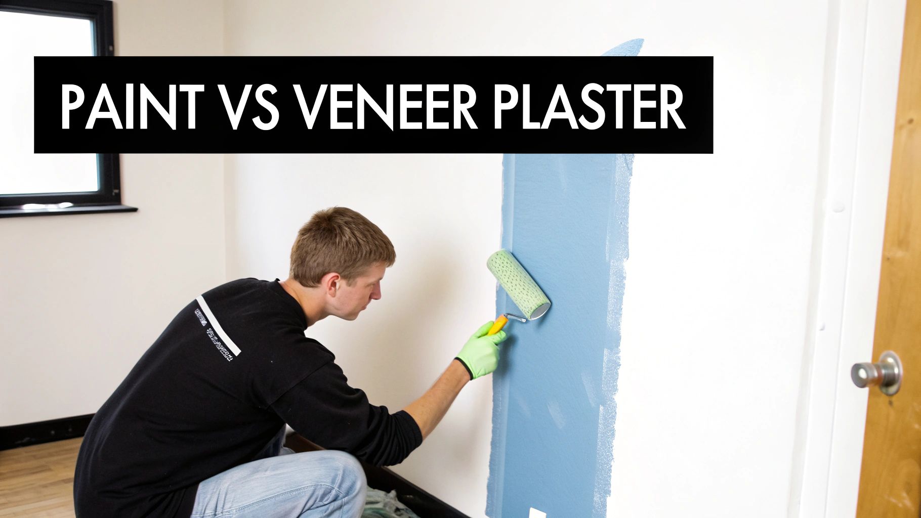 A man in a black shirt applies blue paint to a white wall, with text 'PAINT VS VENEER PLASTER'.