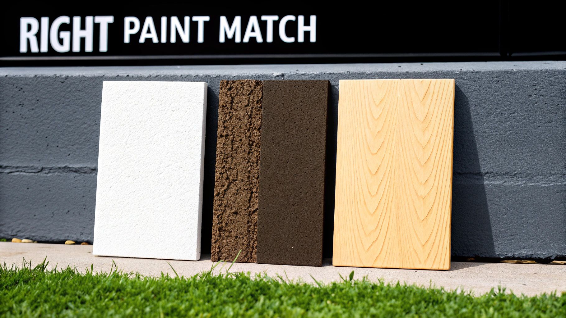 Three material samples (textured white, brown, natural wood) lean against a wall under a 'RIGHT PAINT MATCH' sign.