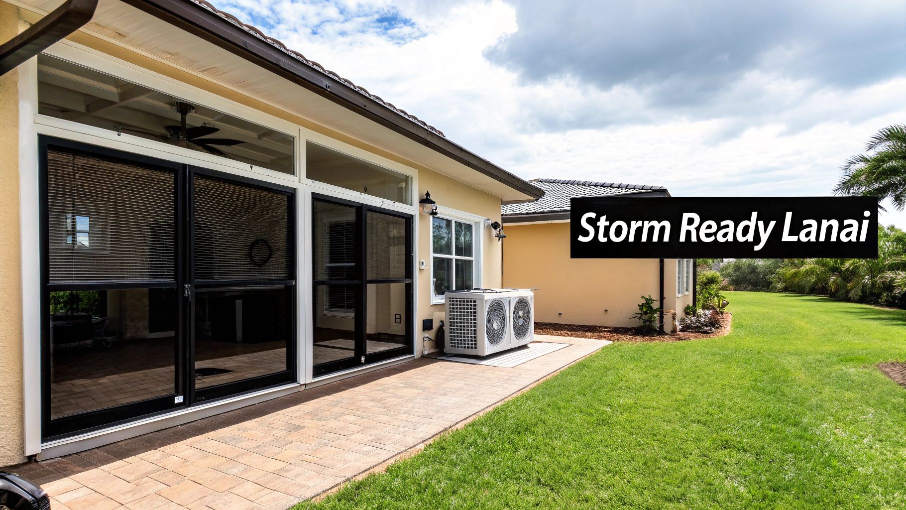 Exterior view of a house featuring a storm-ready lanai with glass windows, a paved patio, and a green lawn.