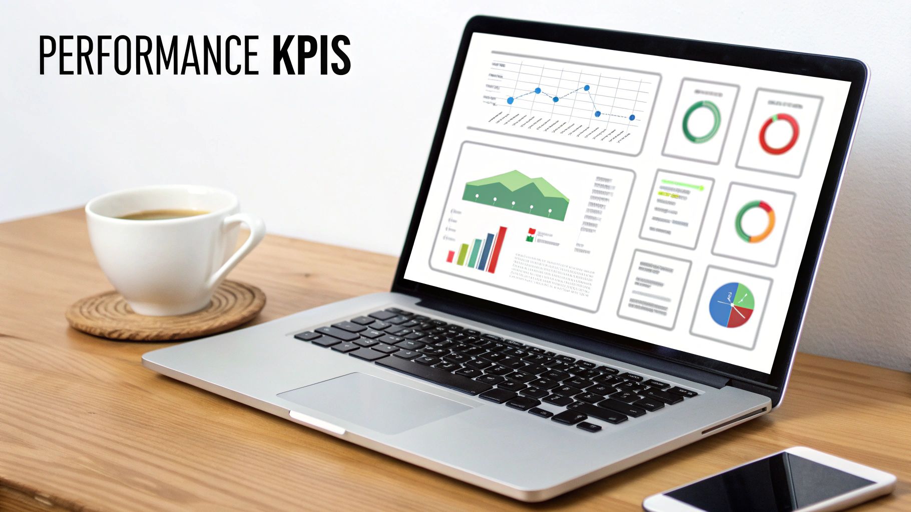 A laptop screen displays a performance KPIs dashboard with various charts, next to a coffee cup and smartphone on a wooden desk.