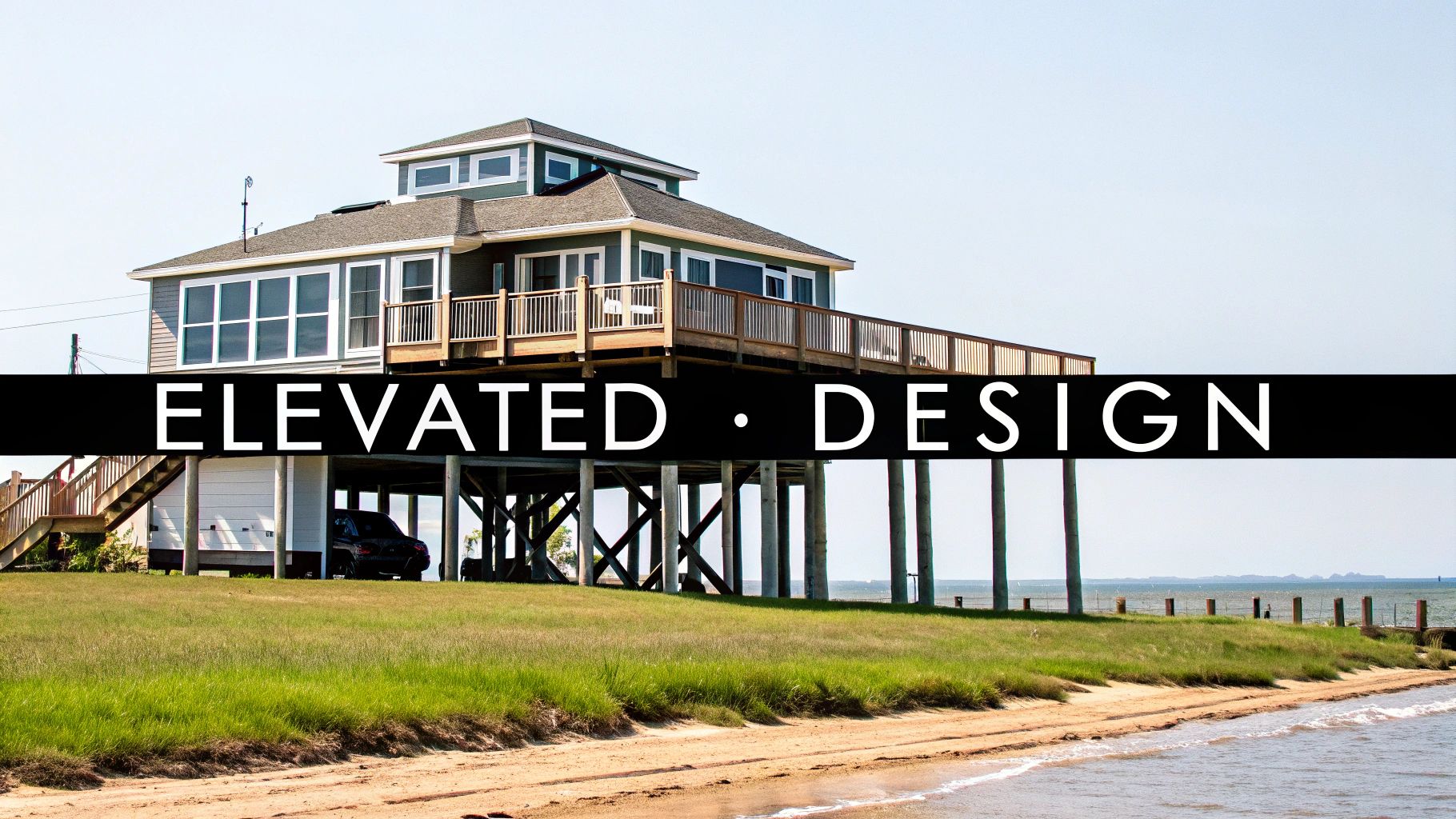 A modern Florida stilt home with large windows and multiple decks.