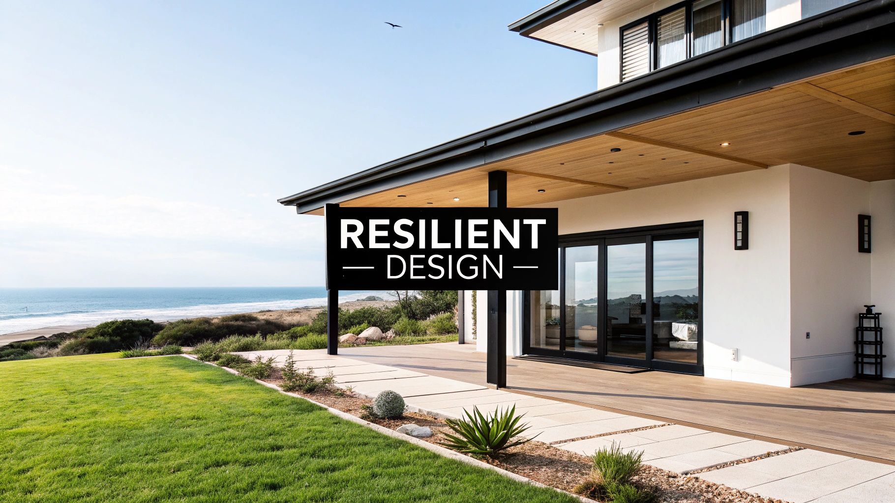 A modern coastal home with a spacious patio, green lawn, and stunning ocean views.