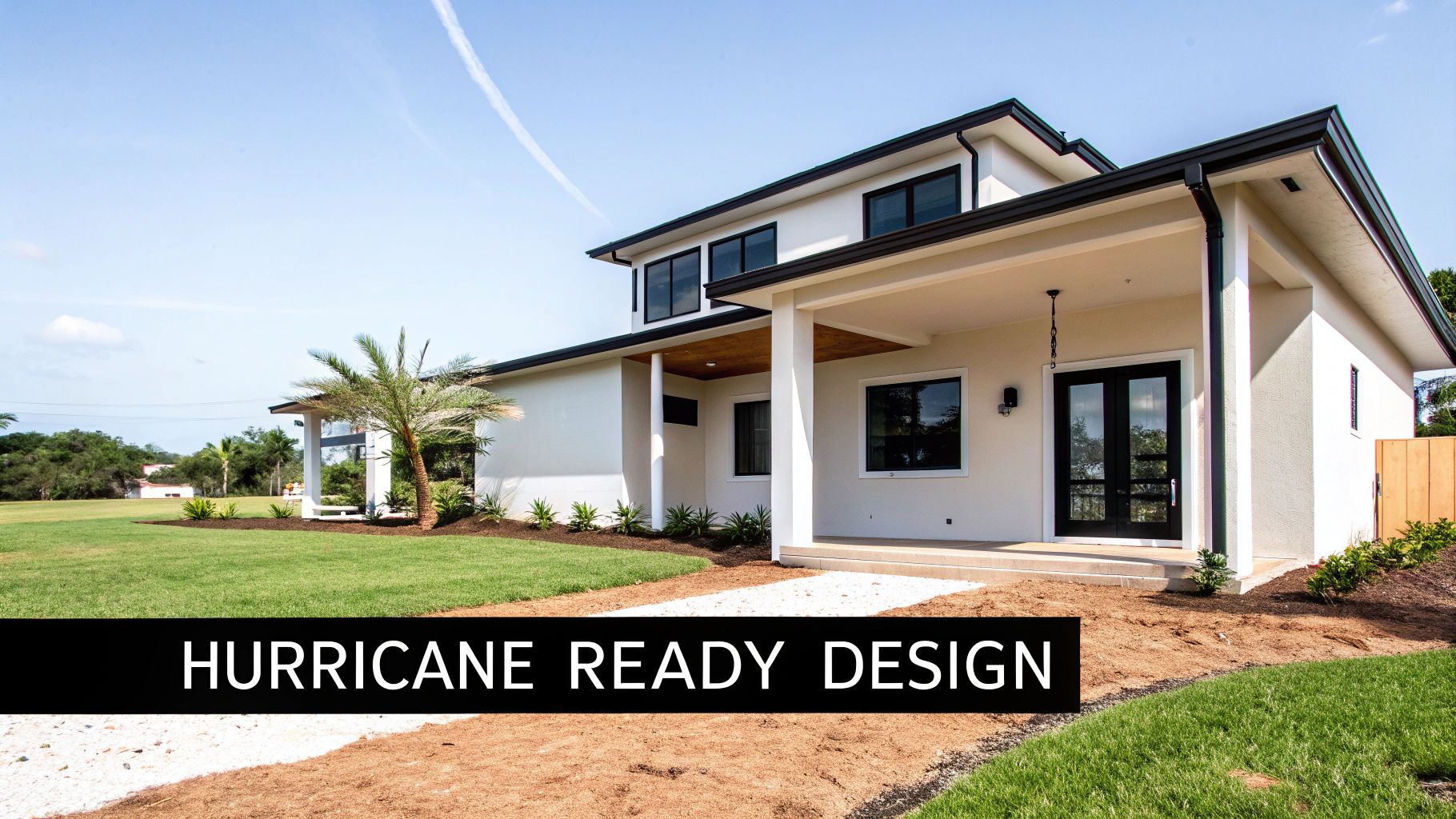 Modern white two-story house with black trim and covered porch featuring hurricane resistant construction