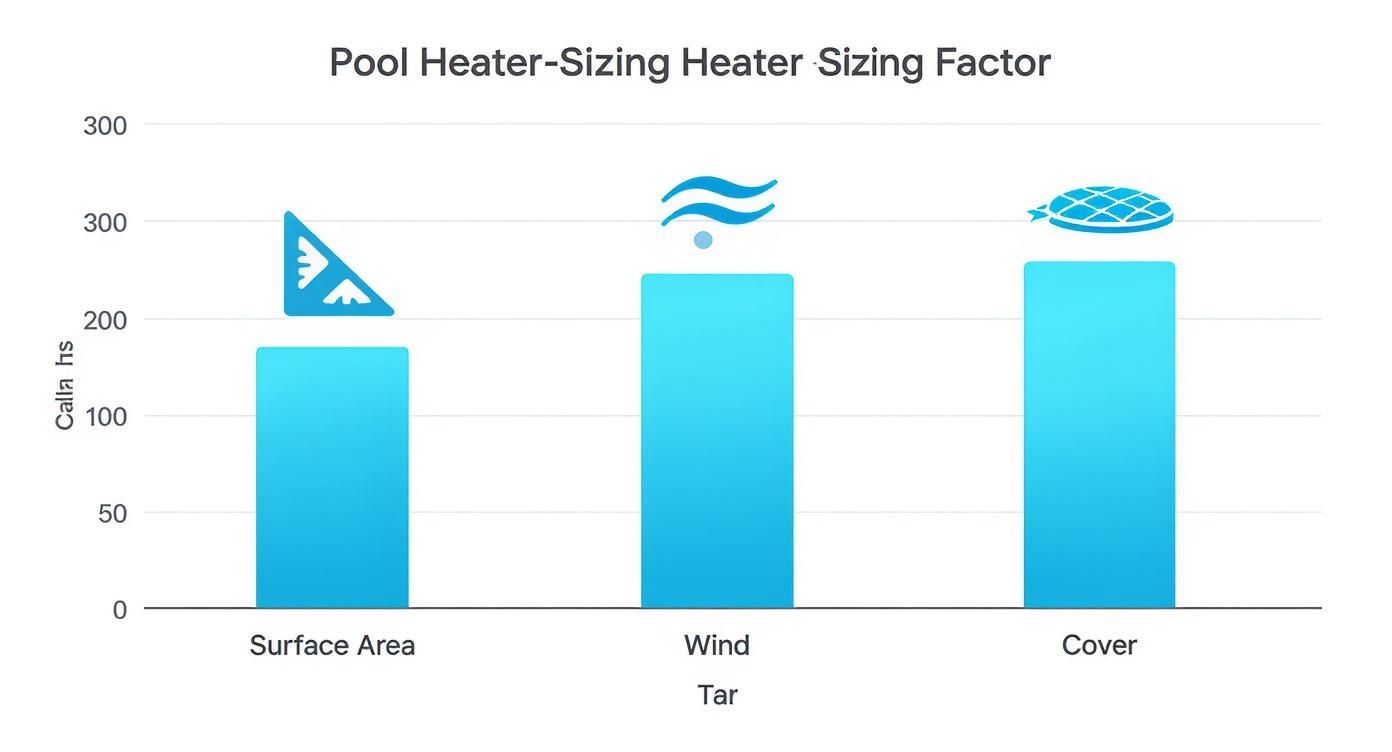 Bar chart showing pool heater sizing factors: Surface Area (170), Wind (245), Cover (255).