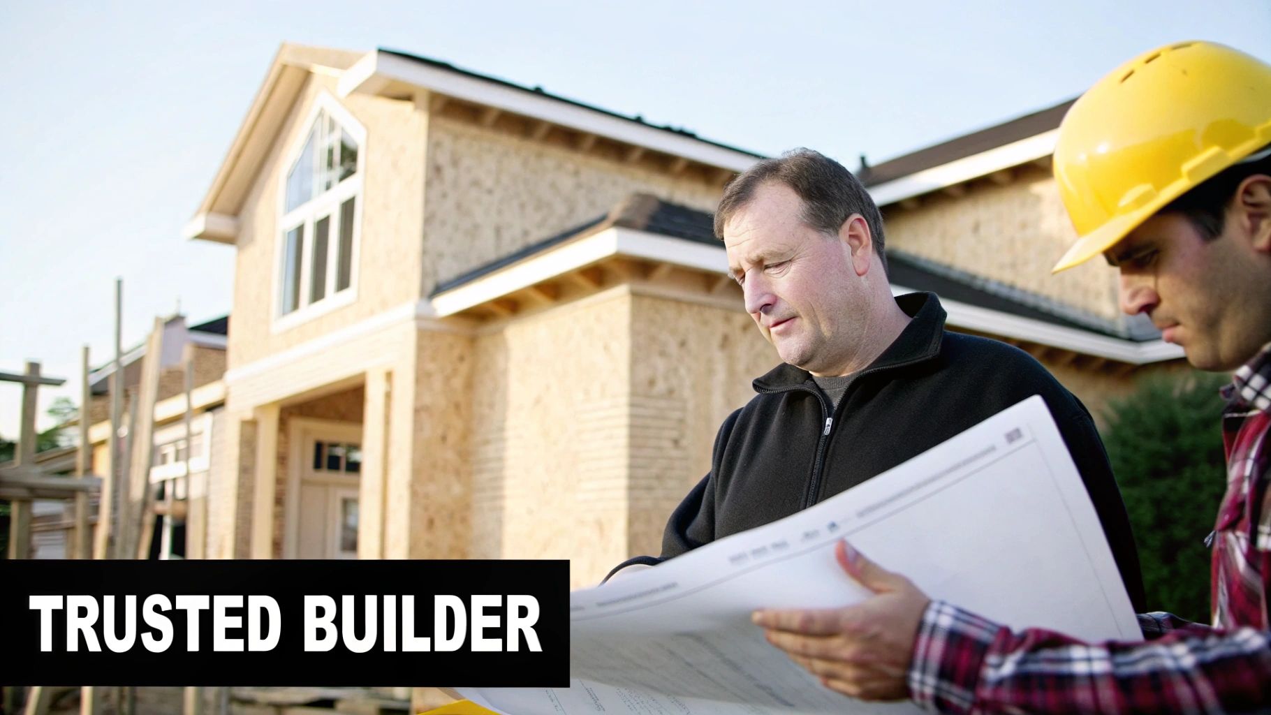 Two builders review blueprints in front of a house under construction, with 'TRUSTED BUILDER' text.