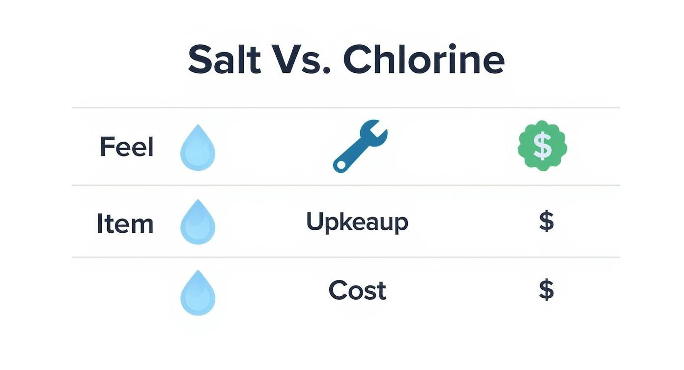 A comparison table showing features of salt vs. chlorine pools, including feel, upkeep, and cost.