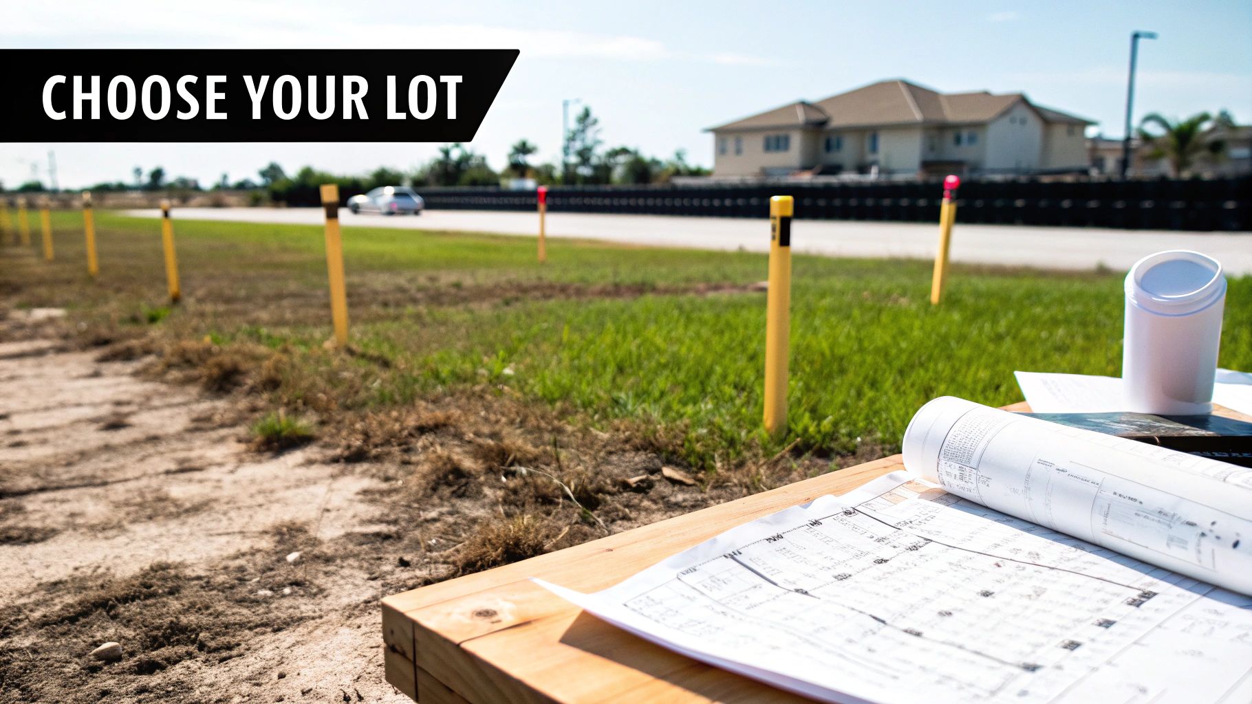 Layout of new home lots with survey stakes, blueprints, and a 'CHOOSE YOUR LOT' banner.