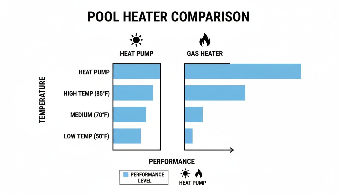 Bar chart comparing pool heater performance: heat pump versus gas heater, across various temperature settings.