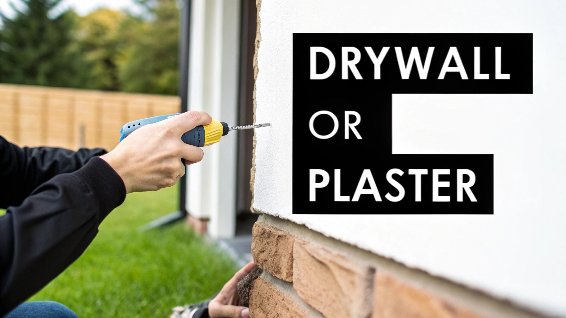 A person uses a drill on a wall with text 'Drywall or Plaster', hinting at home renovation.