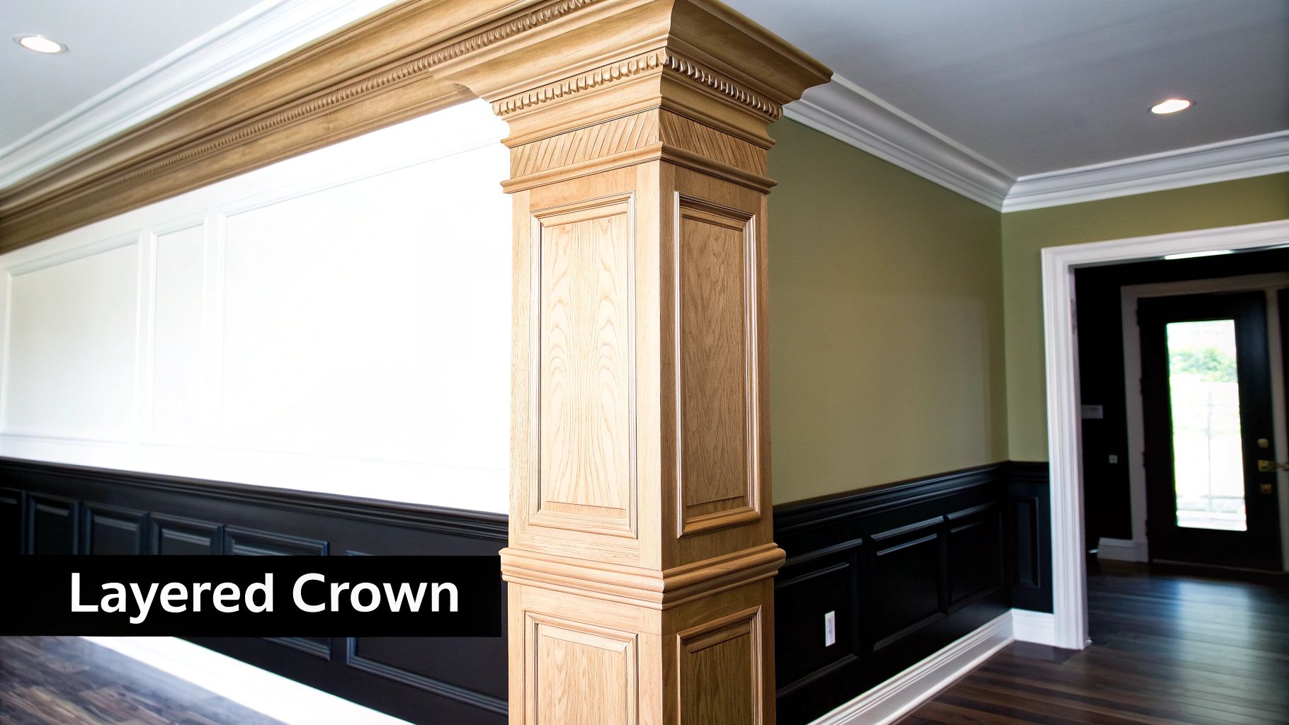 Luxurious interior showcasing detailed layered crown molding, a decorative wooden pillar, and wainscoting.
