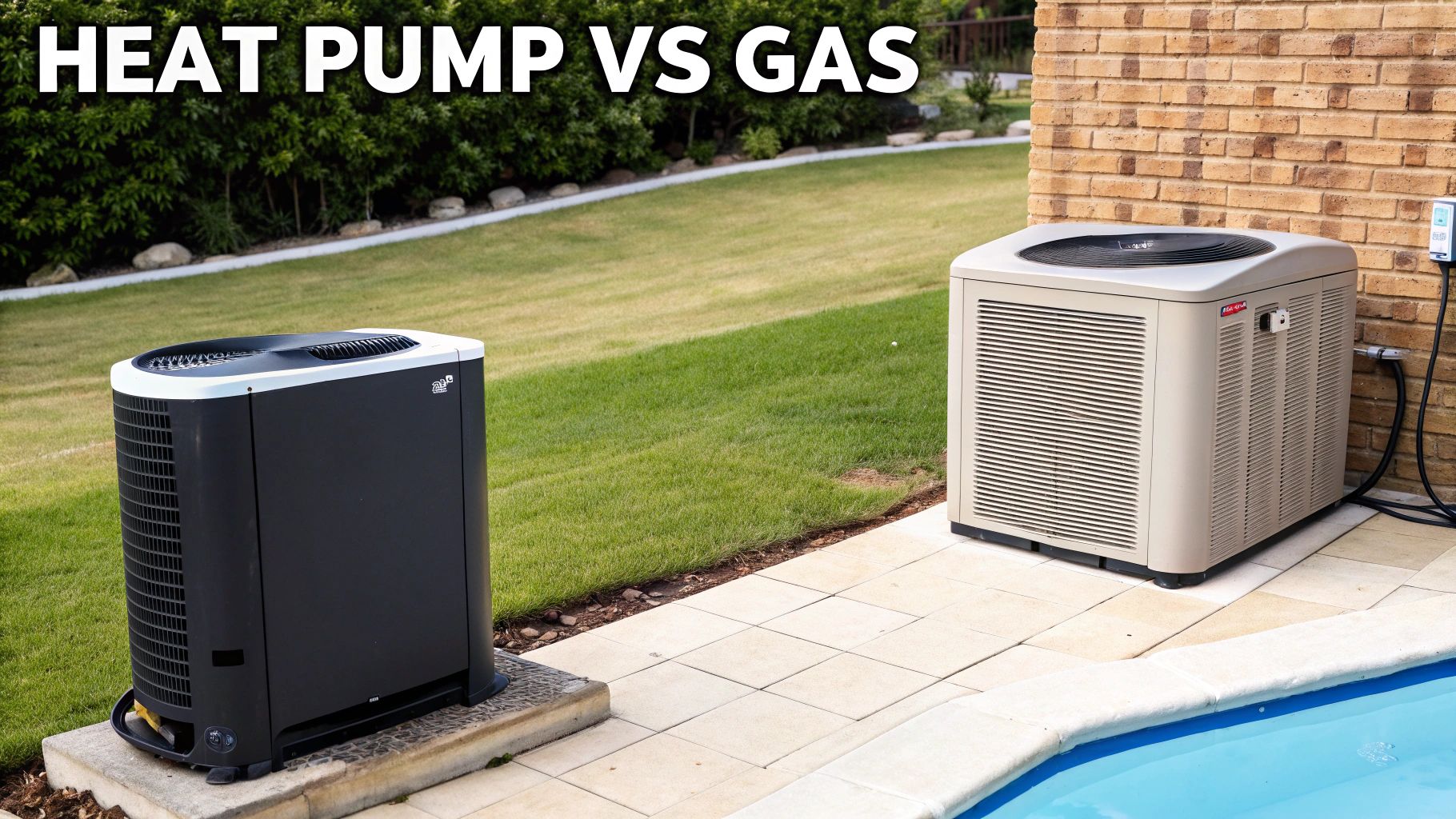 Two different outdoor heating and cooling units, a modern heat pump and a traditional gas unit, next to a pool.