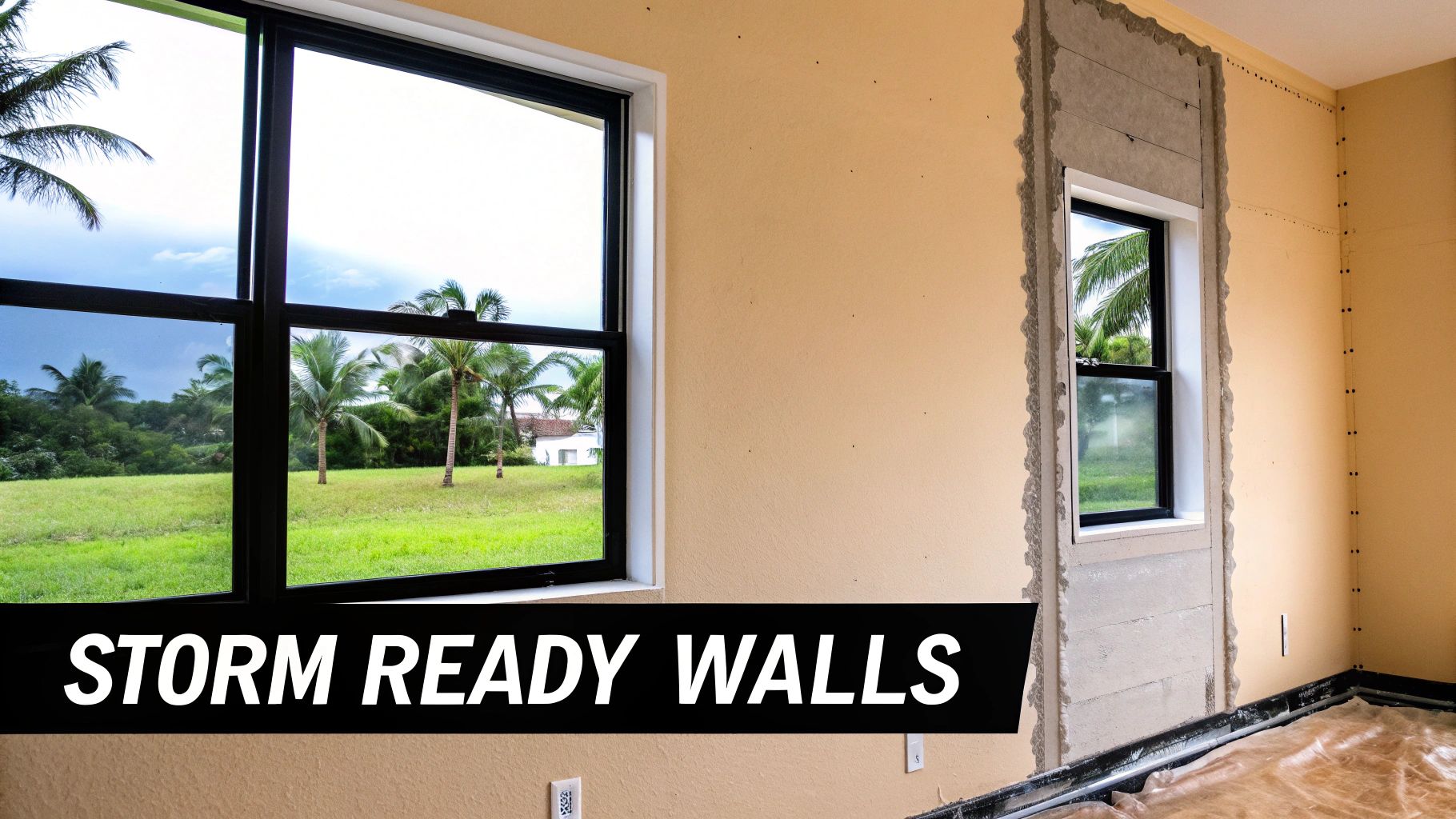 Interior room under construction featuring storm-ready walls and windows overlooking a tropical landscape.